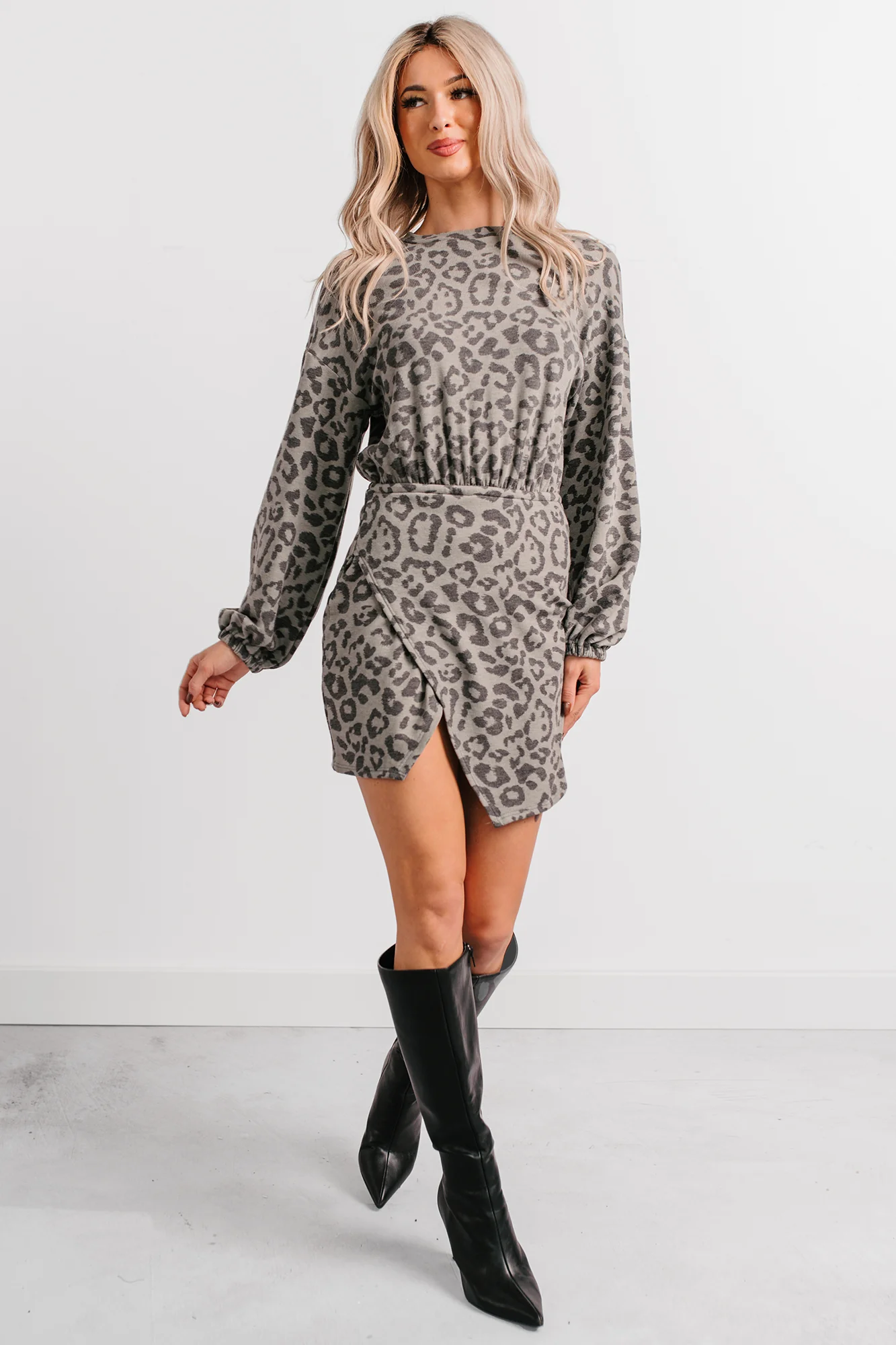 Little Miss Bossy Asymmetric Mini Dress (Grey Leopard) - Image 8