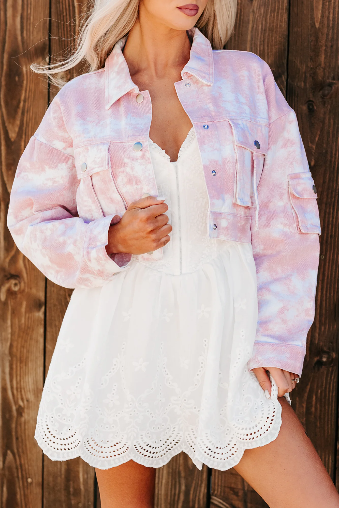 Live Refined Tie-Dye Crop Denim Jacket (Pink) - Image 3