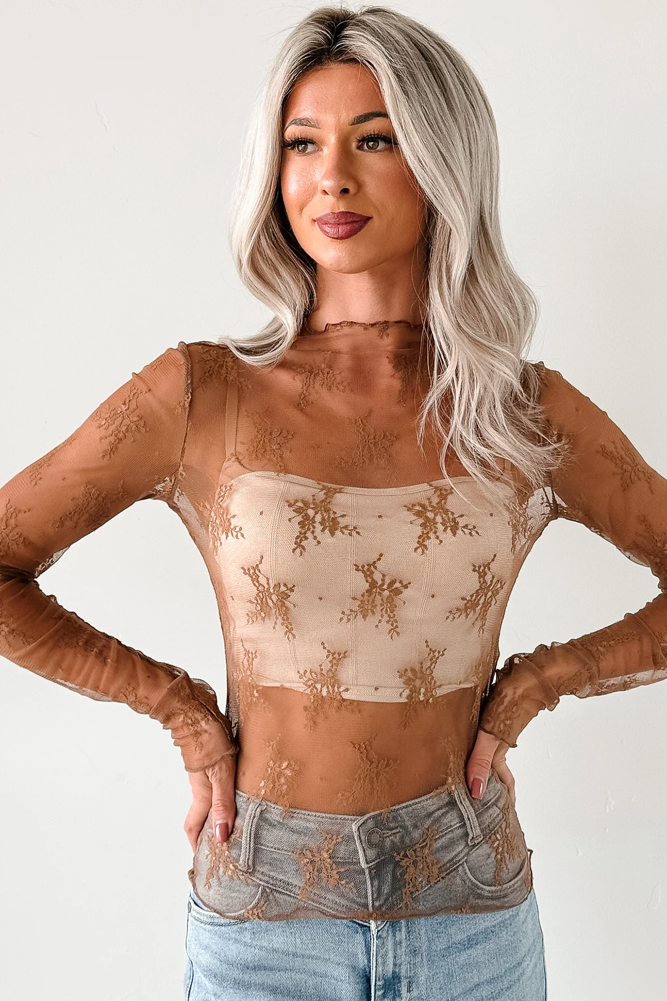 Living For The Likes Lace Long Sleeve Top (Mocha) - Image 3
