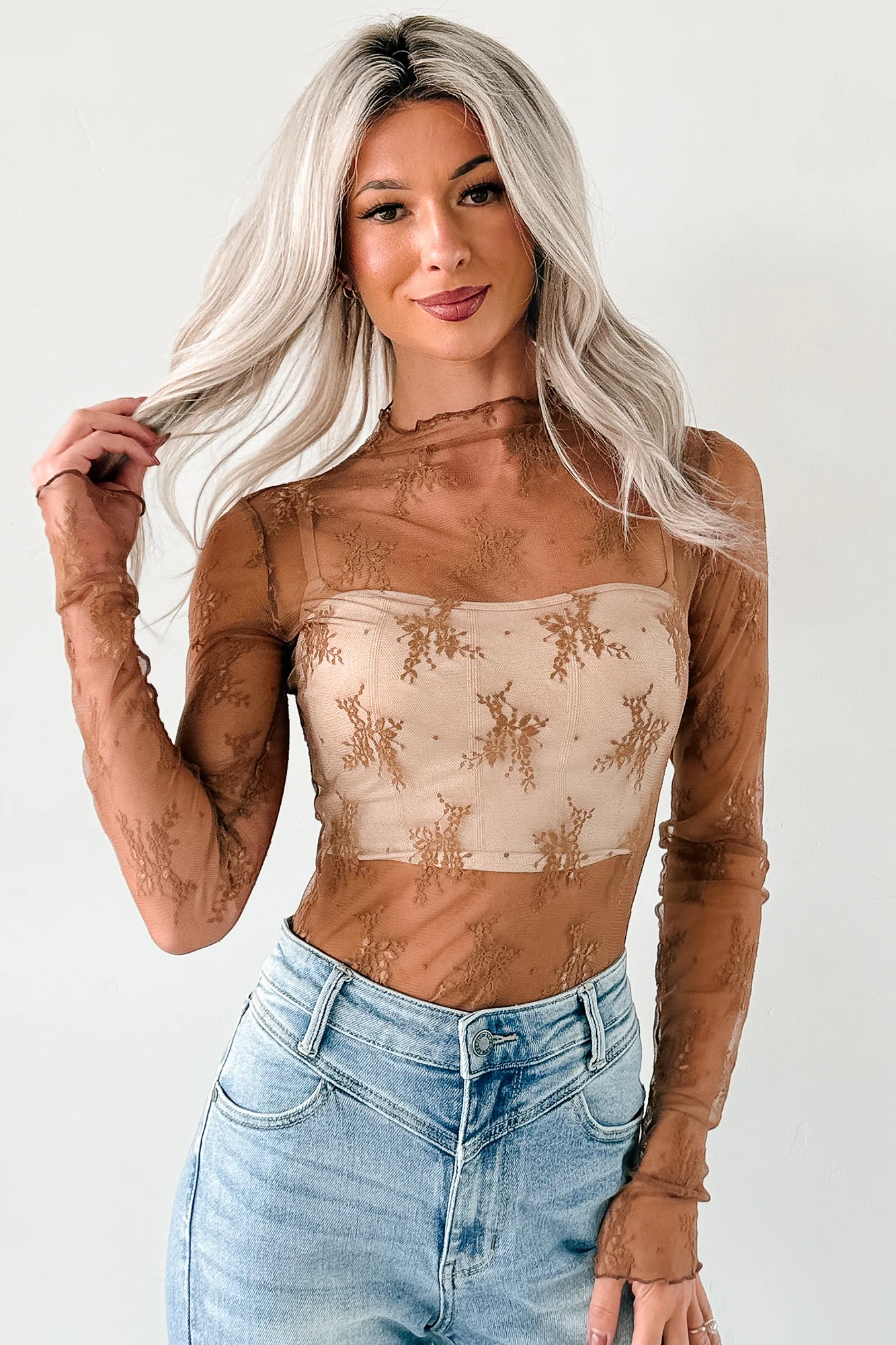 Living For The Likes Lace Long Sleeve Top (Mocha) - Image 4