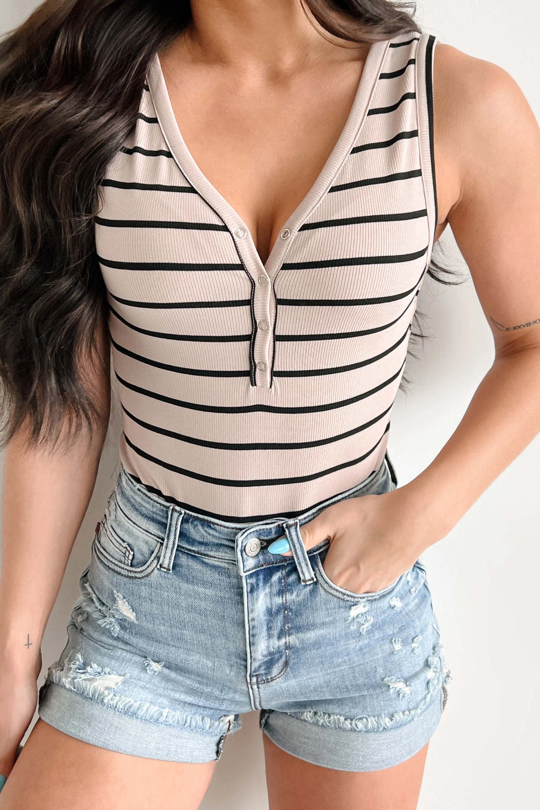 Living For The Weekend Sleeveless Striped Bodysuit (Taupe) - Image 6