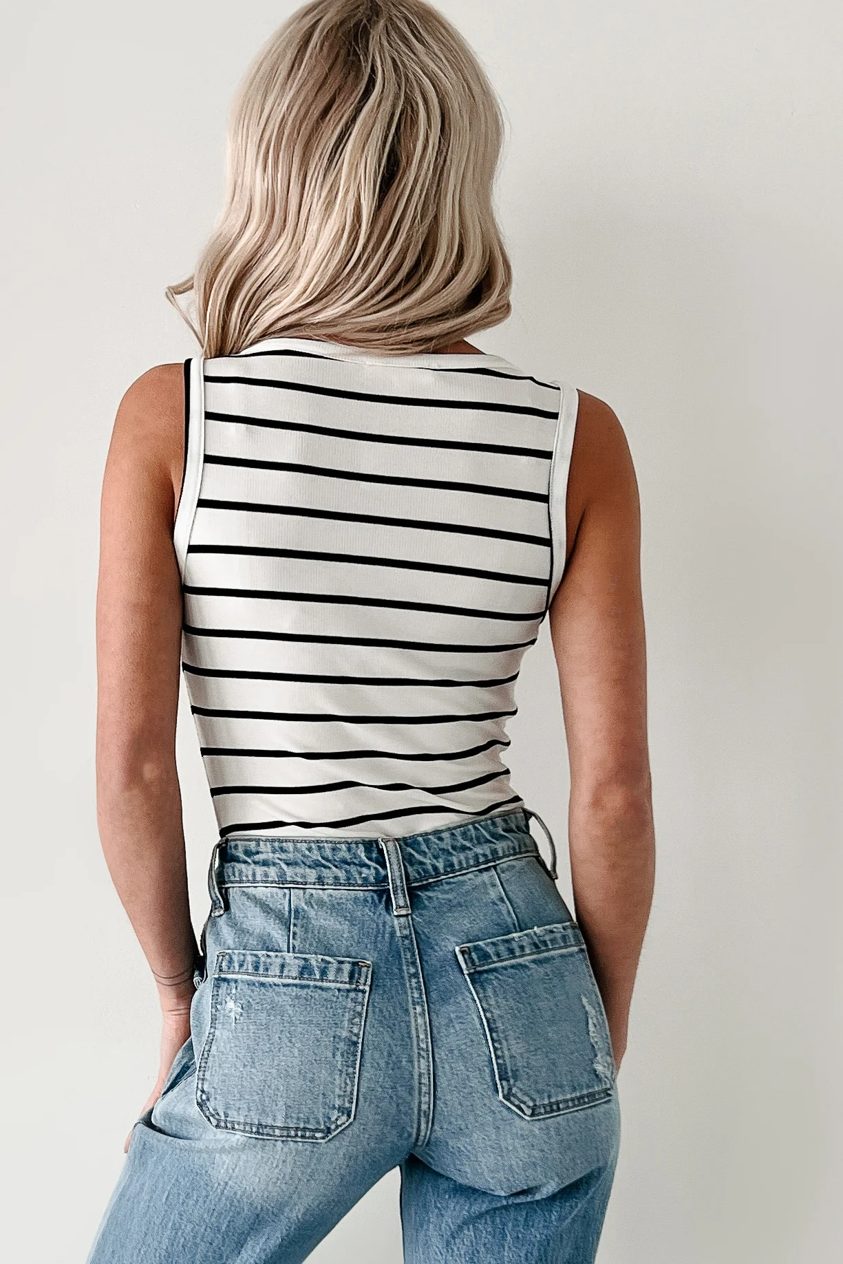 Living For The Weekend Sleeveless Striped Bodysuit (White) - Image 5