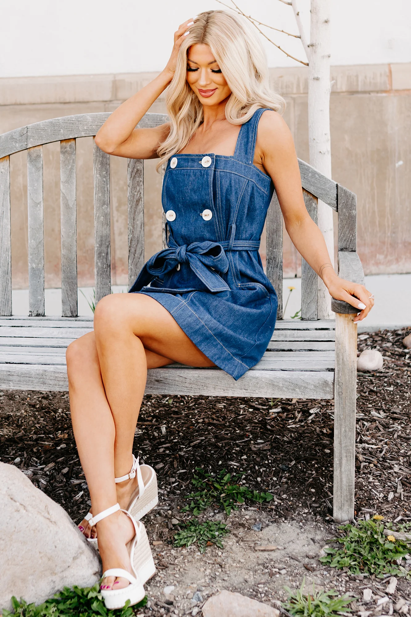 Living Large Double Button Denim Mini Dress (Medium Wash) - Image 7