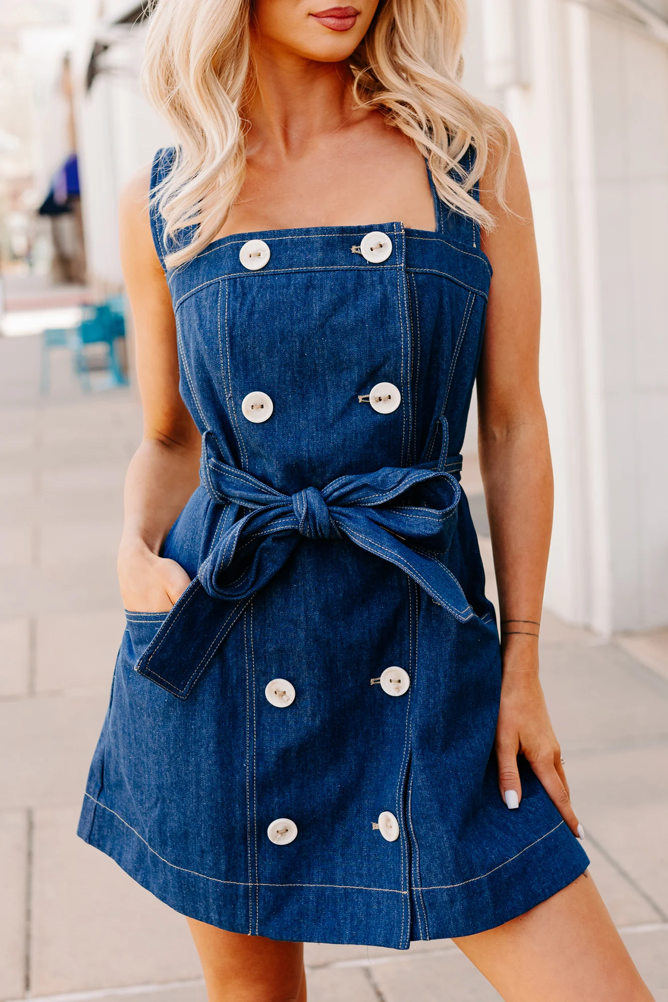 Living Large Double Button Denim Mini Dress (Medium Wash) - Image 9