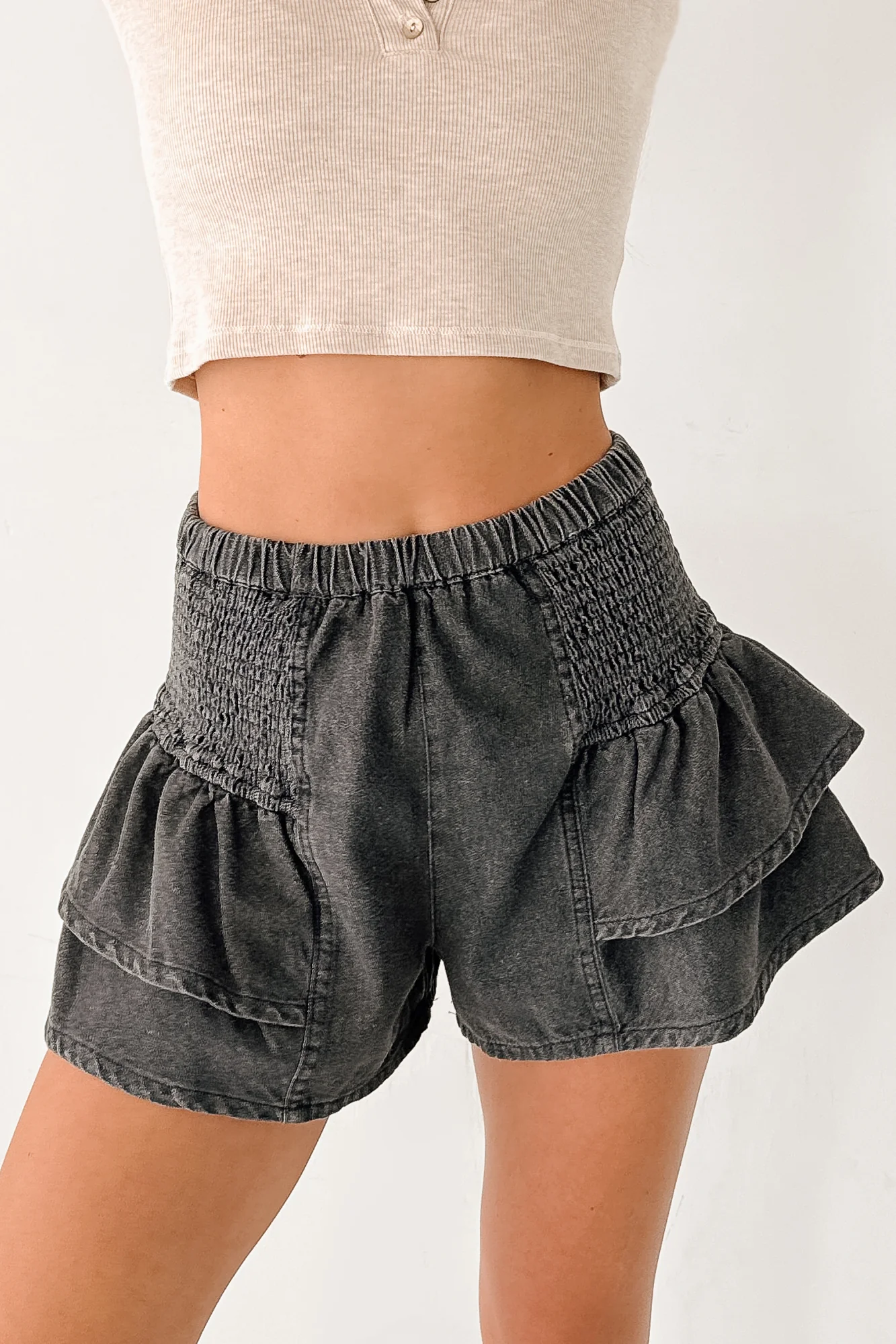 Living Unfiltered Denim Tiered Ruffle Shorts (Charcoal) - Image 4