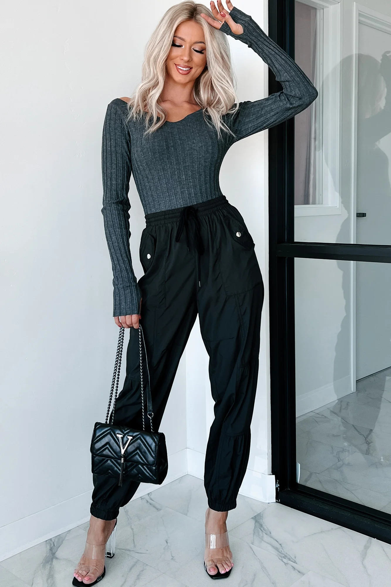 London Landscape Off Shoulder Bodysuit (Charcoal) - Image 3