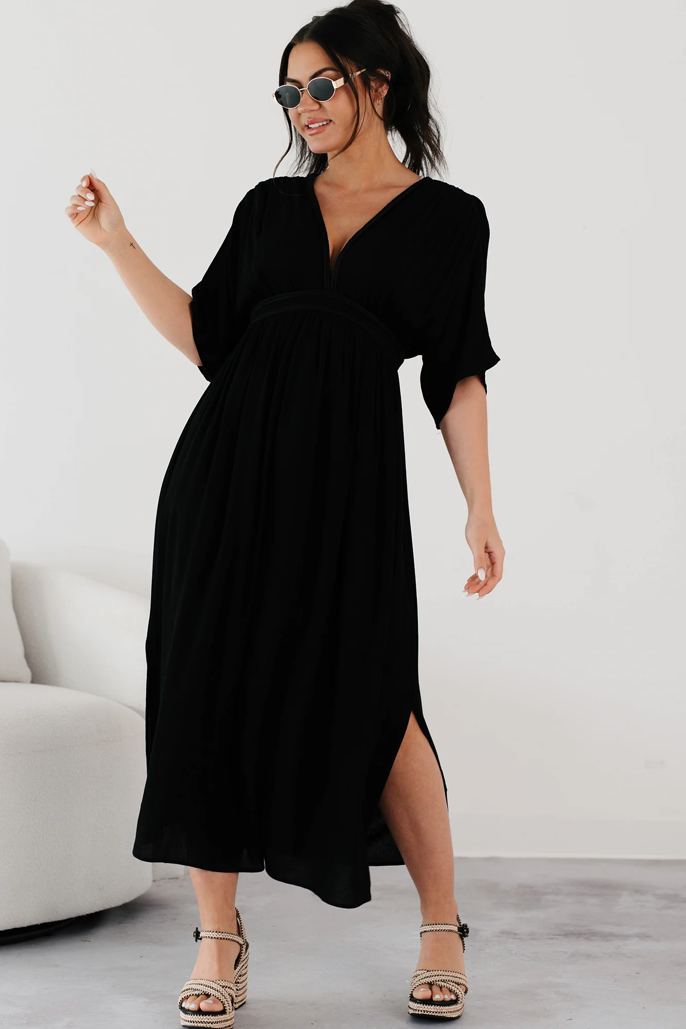 Loose and Free V Neck Maxi Dress (Black) - Image 4