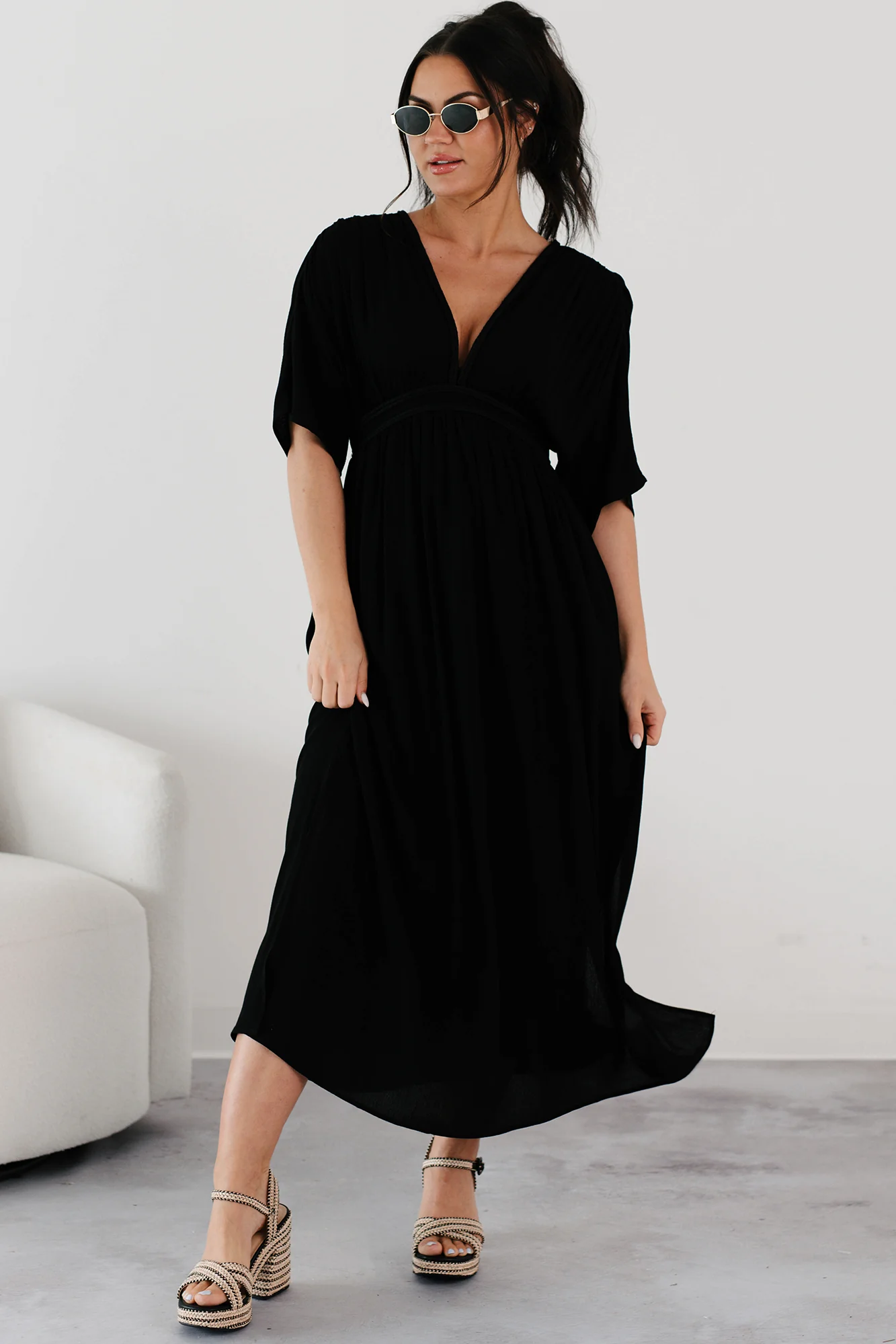 Loose and Free V Neck Maxi Dress (Black) - Image 6