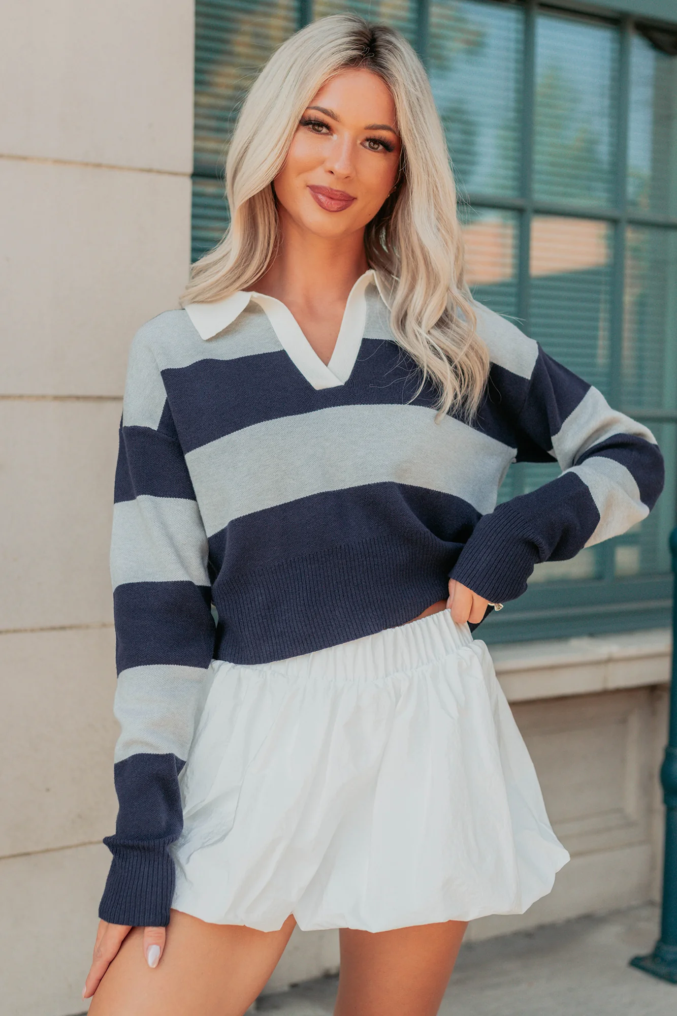 Lost Abroad Striped Knit Polo Top (Navy/Grey) - Image 7