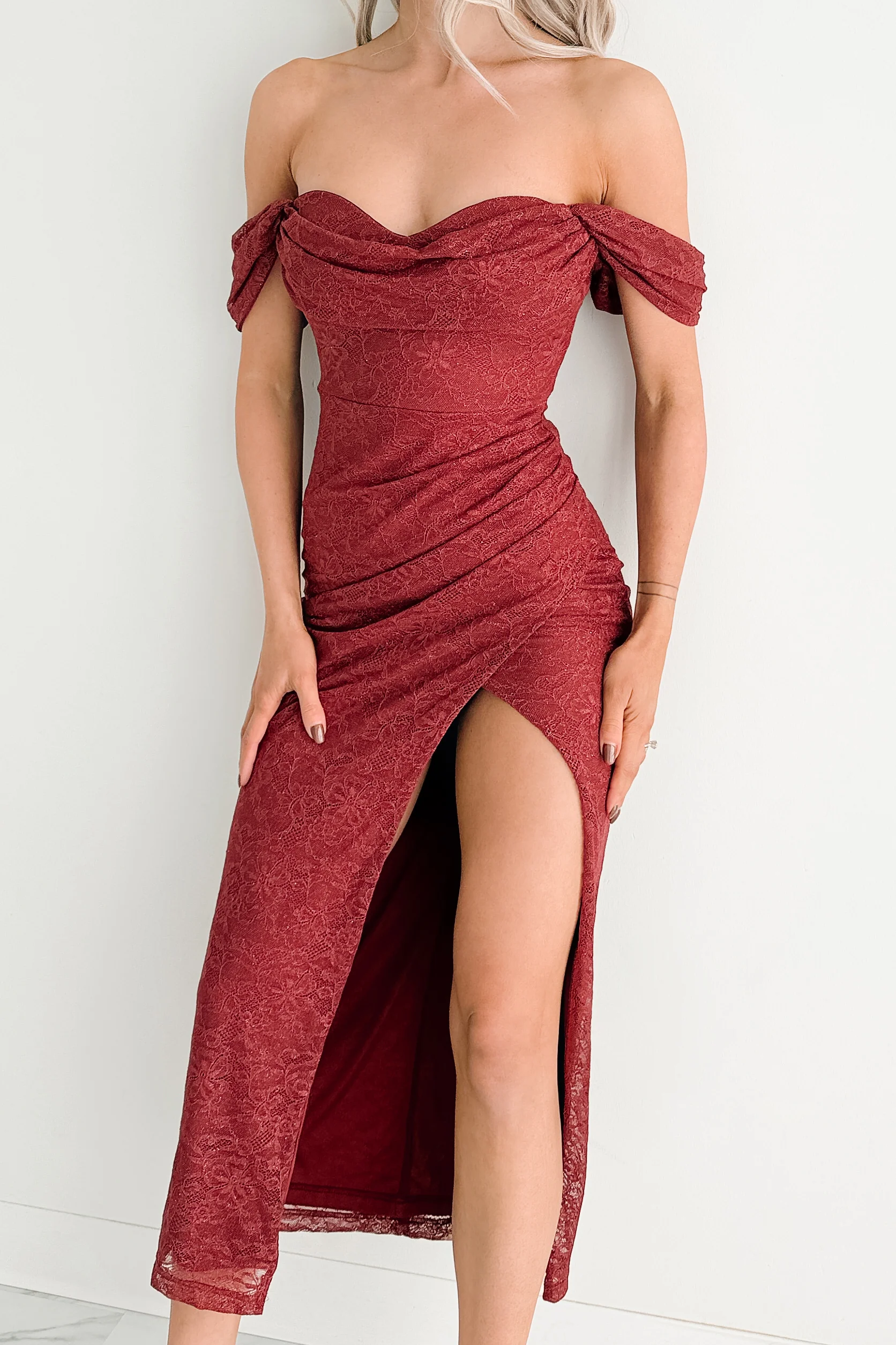 Loudly Her Off The Shoulder Glitter Lace Midi Dress (Burgundy) - Image 2