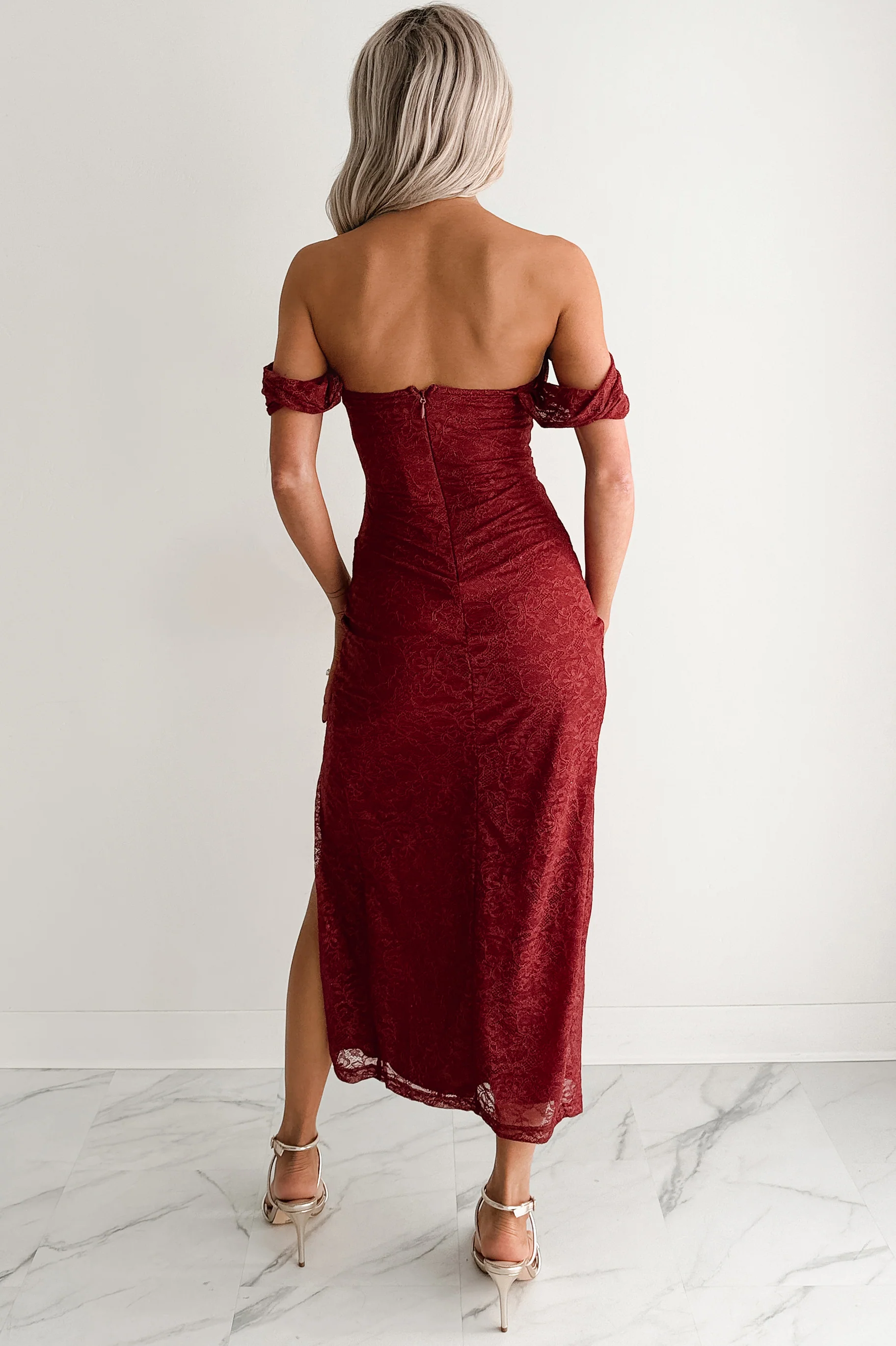 Loudly Her Off The Shoulder Glitter Lace Midi Dress (Burgundy) - Image 3