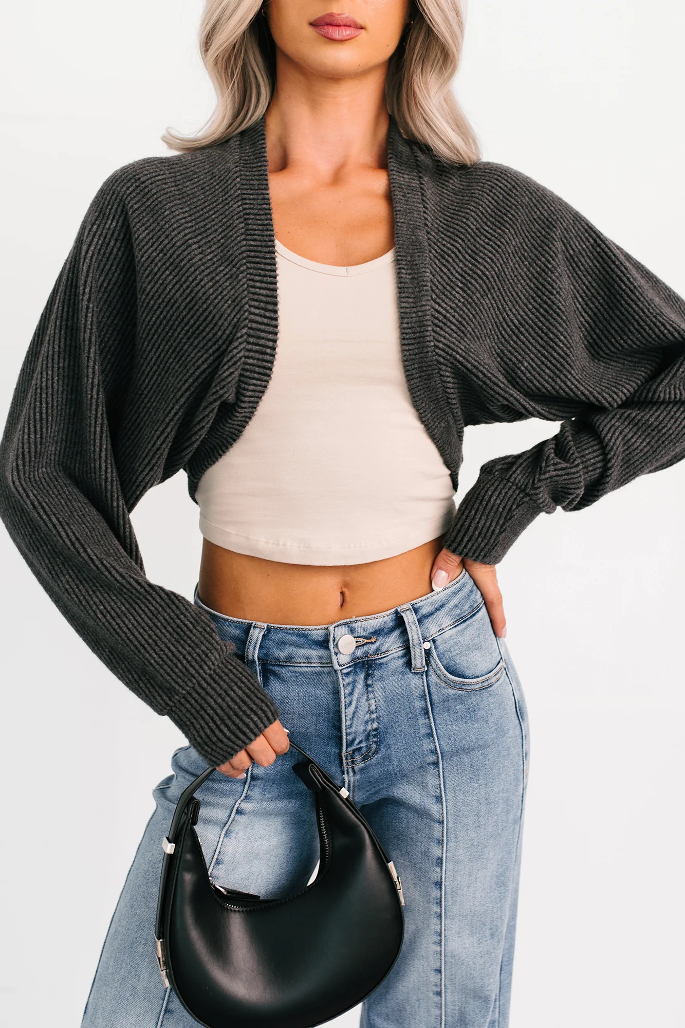 Lounge Cloud Ribbed Long Sleeve Shrug (Charcoal) - Image 2
