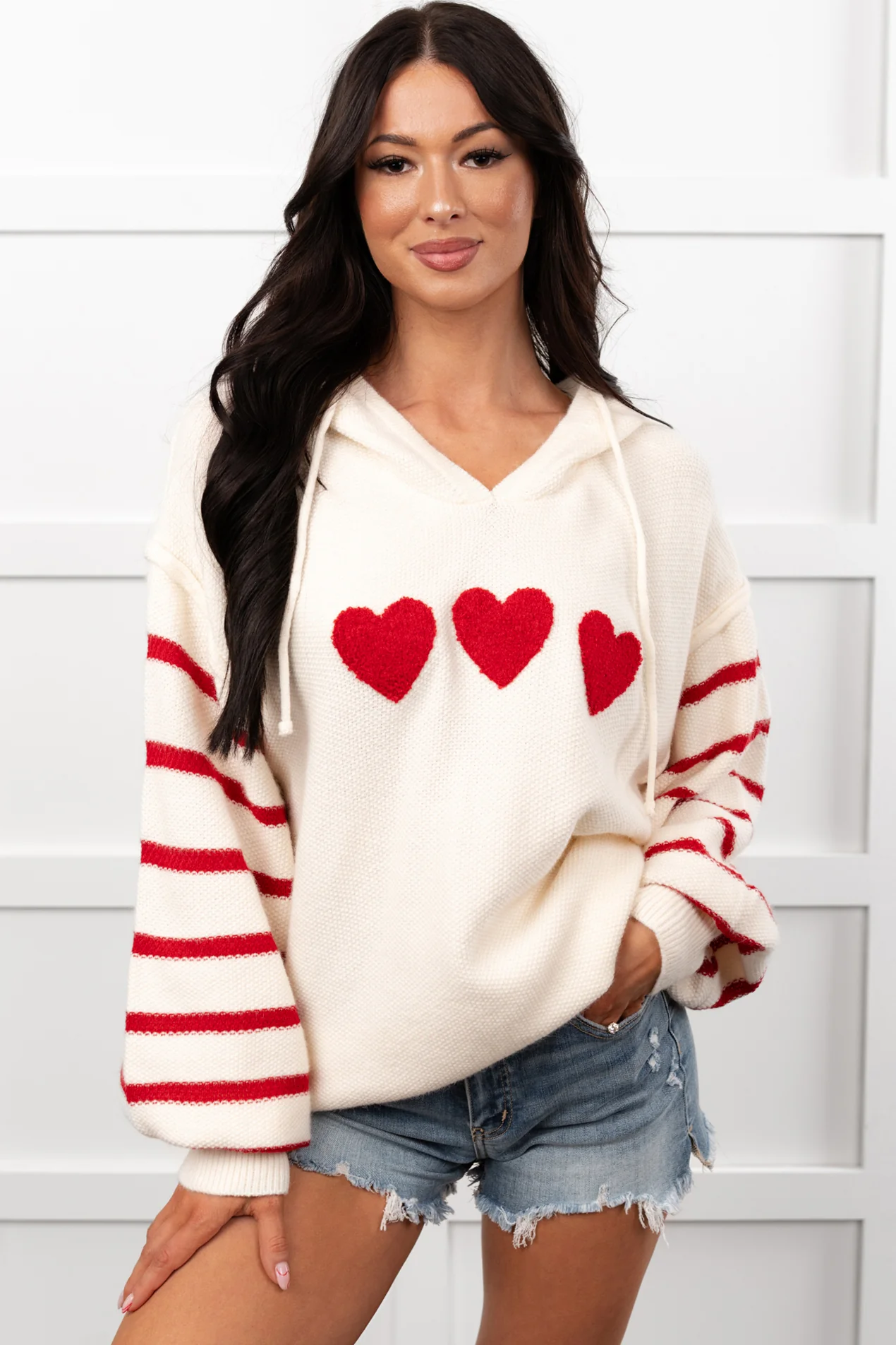 Love At Home Heart Striped Knit Hoodie (Ivory) - Image 4