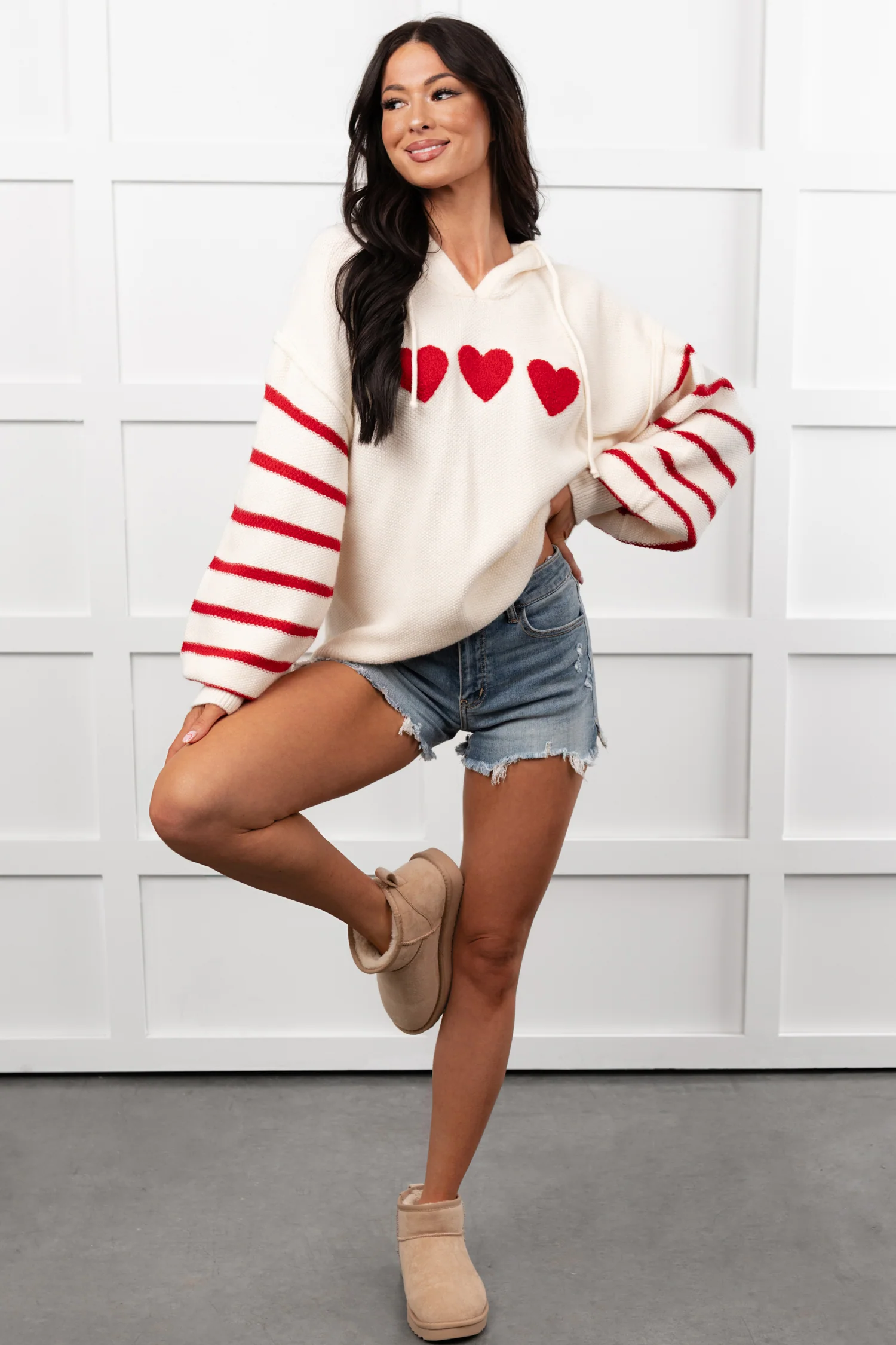 Love At Home Heart Striped Knit Hoodie (Ivory) - Image 7