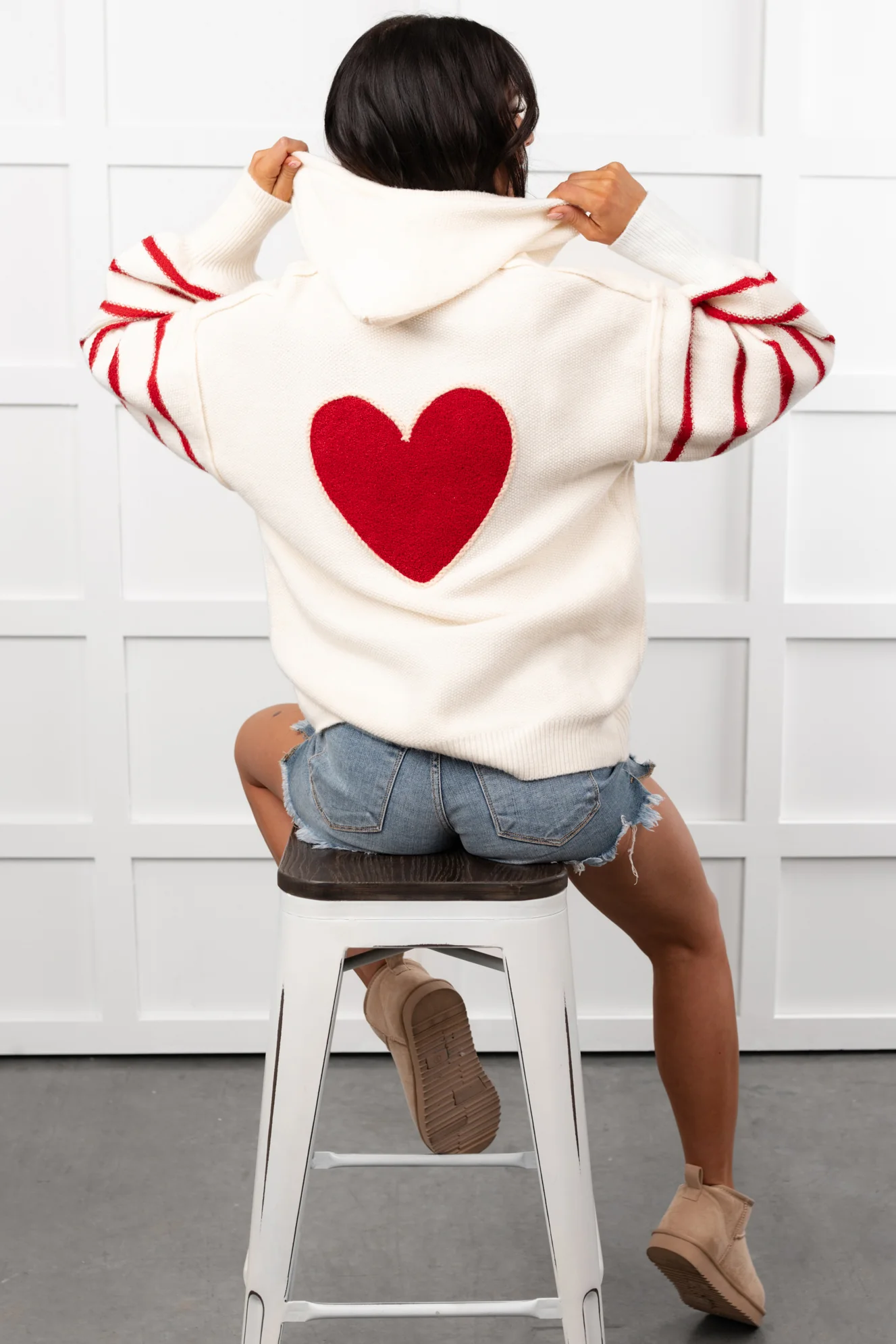Love At Home Heart Striped Knit Hoodie (Ivory) - Image 8