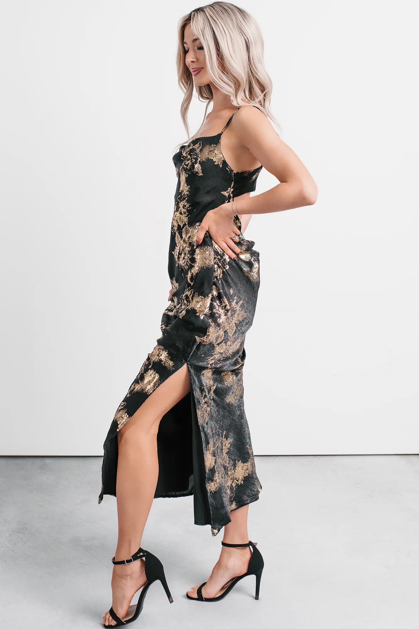 Love Bomb Cutout Back Floral Maxi Dress (Black/Gold) - Image 6