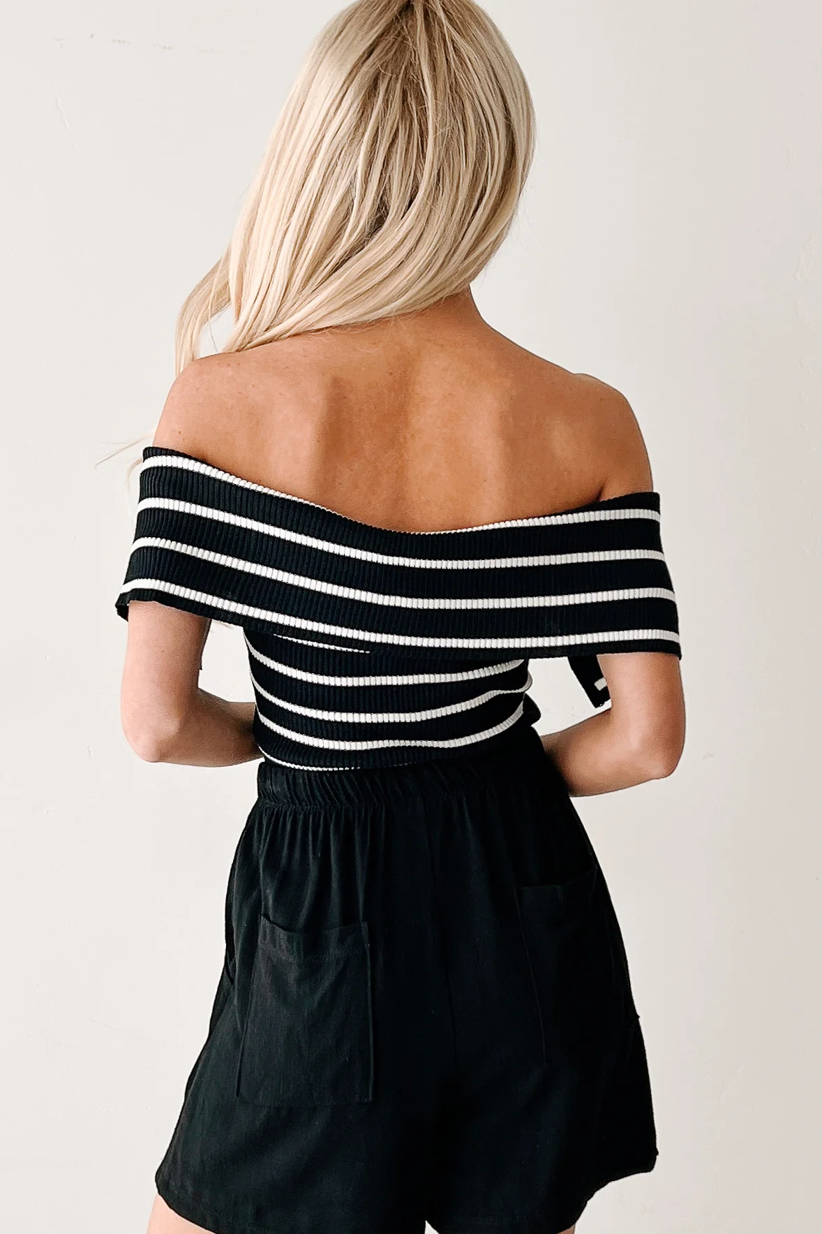 Lovely & Kind Off The Shoulder Striped Zip-Up Top (Black) - Image 4