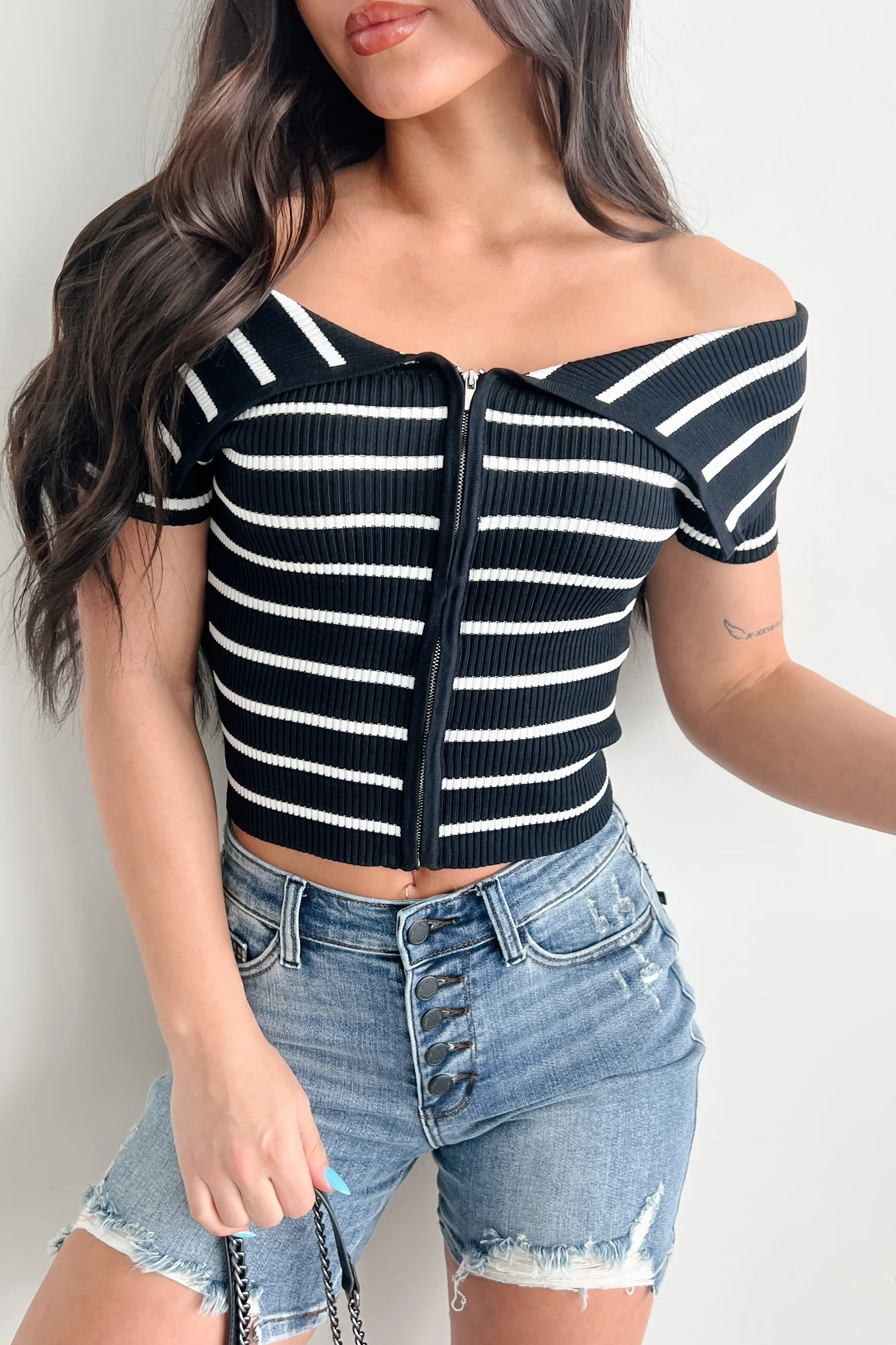 Lovely & Kind Off The Shoulder Striped Zip-Up Top (Black) - Image 6
