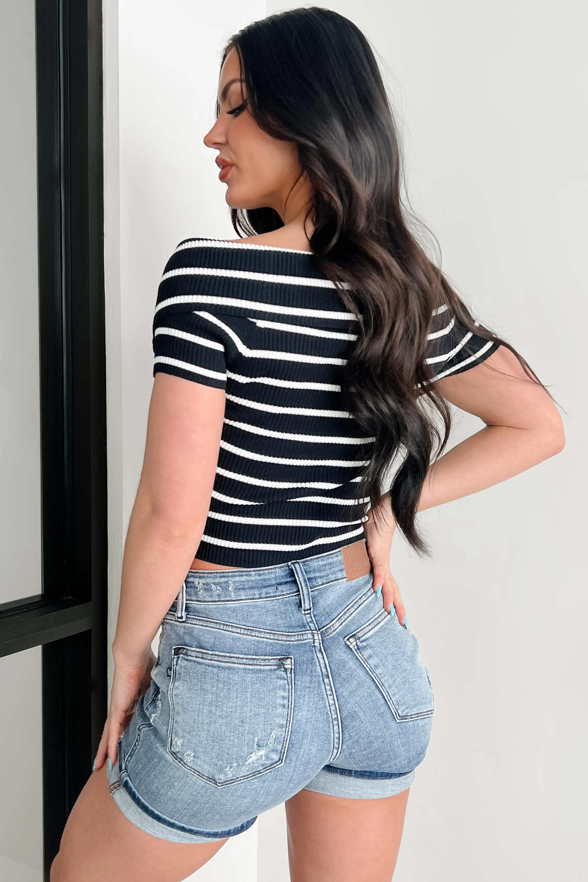 Lovely & Kind Off The Shoulder Striped Zip-Up Top (Black) - Image 9