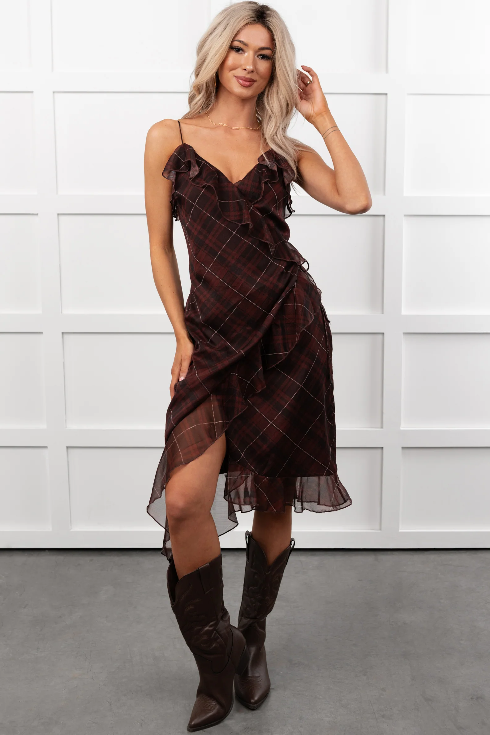 Lovely Things Sleeveless Plaid Midi Dress (Wine) - Image 2