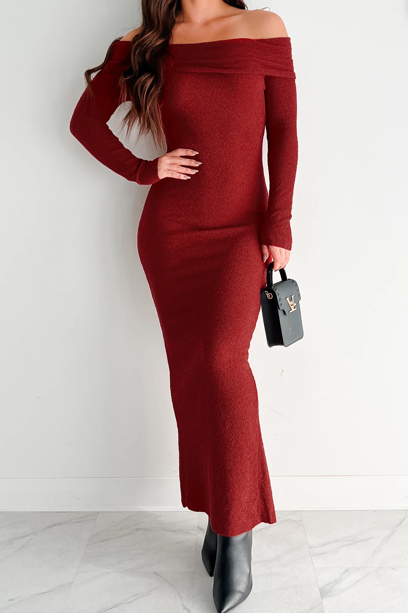 Lovely Words Off The Shoulder Maxi Dress (Burgundy) - Image 2