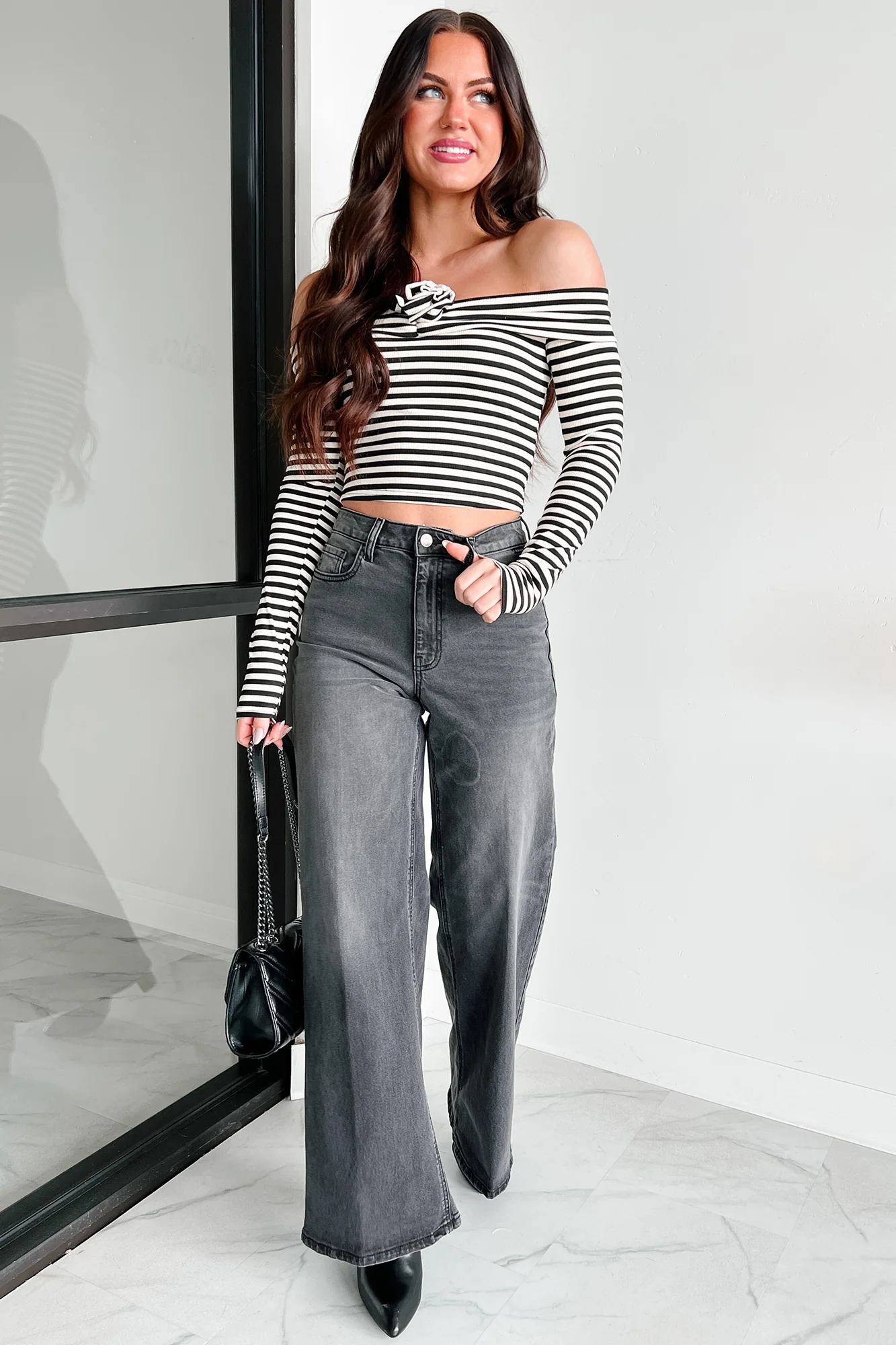 Lovestruck Fool Stripe Rosette Off The Shoulder Top (Black) - Image 5