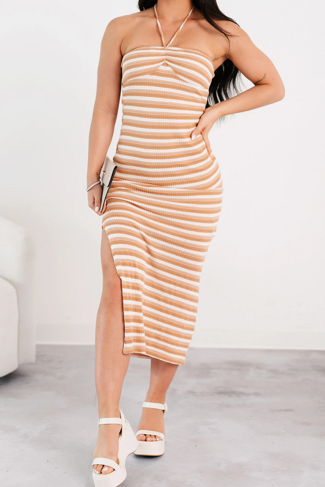 Low-Key Chill Striped Bodycon Maxi Dress (Taupe/White) - Image 2