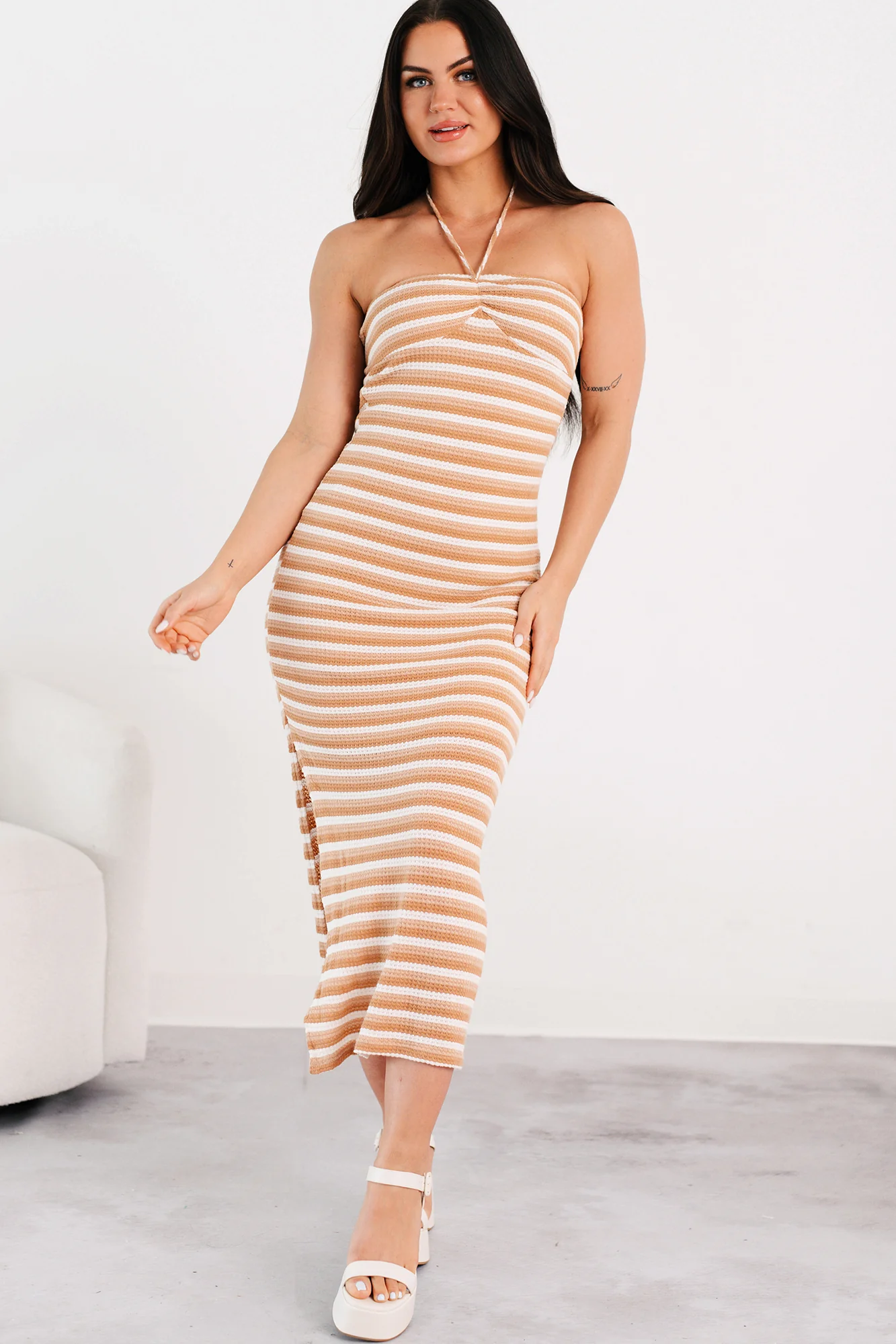 Low-Key Chill Striped Bodycon Maxi Dress (Taupe/White) - Image 5