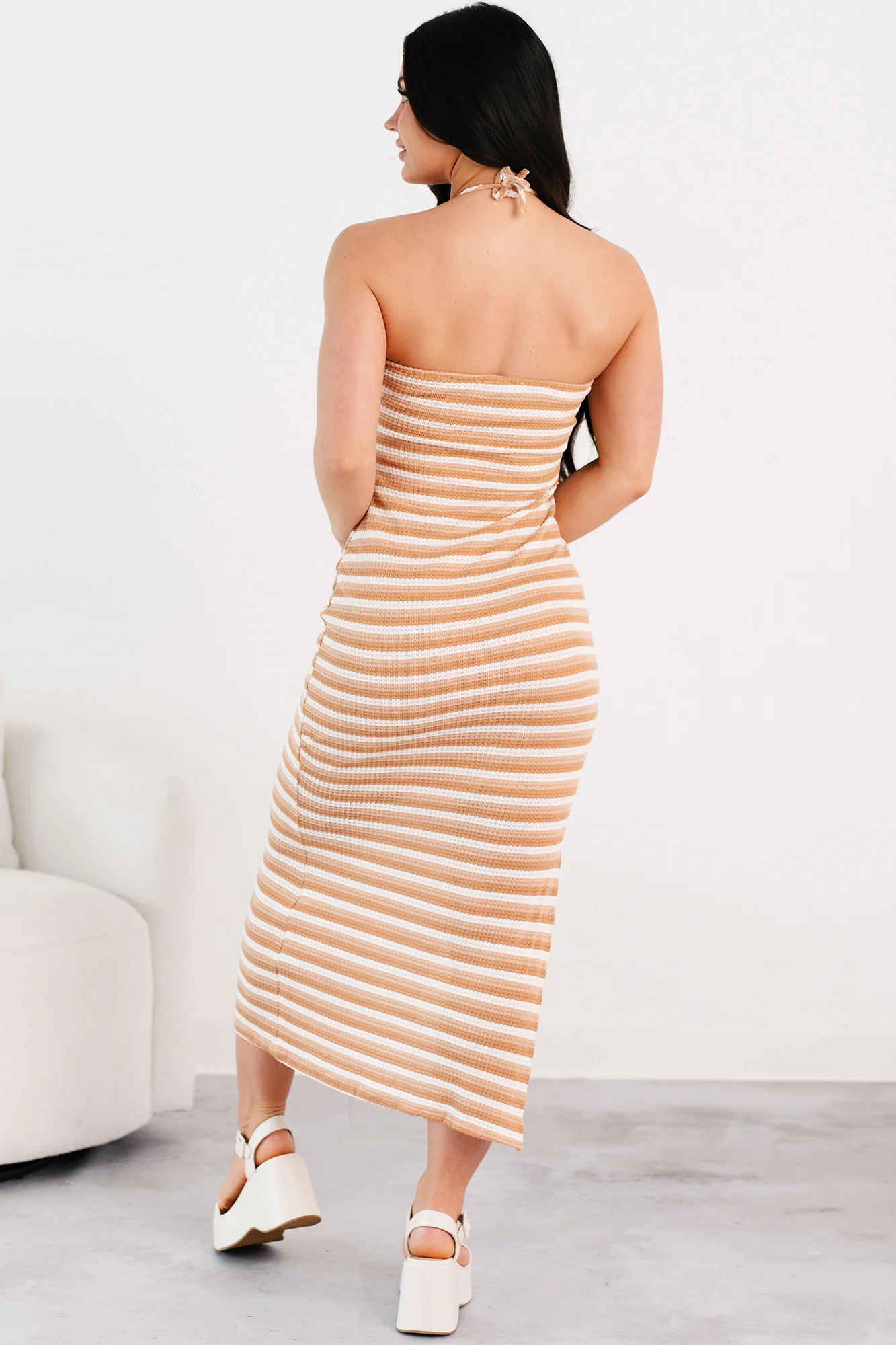 Low-Key Chill Striped Bodycon Maxi Dress (Taupe/White) - Image 6