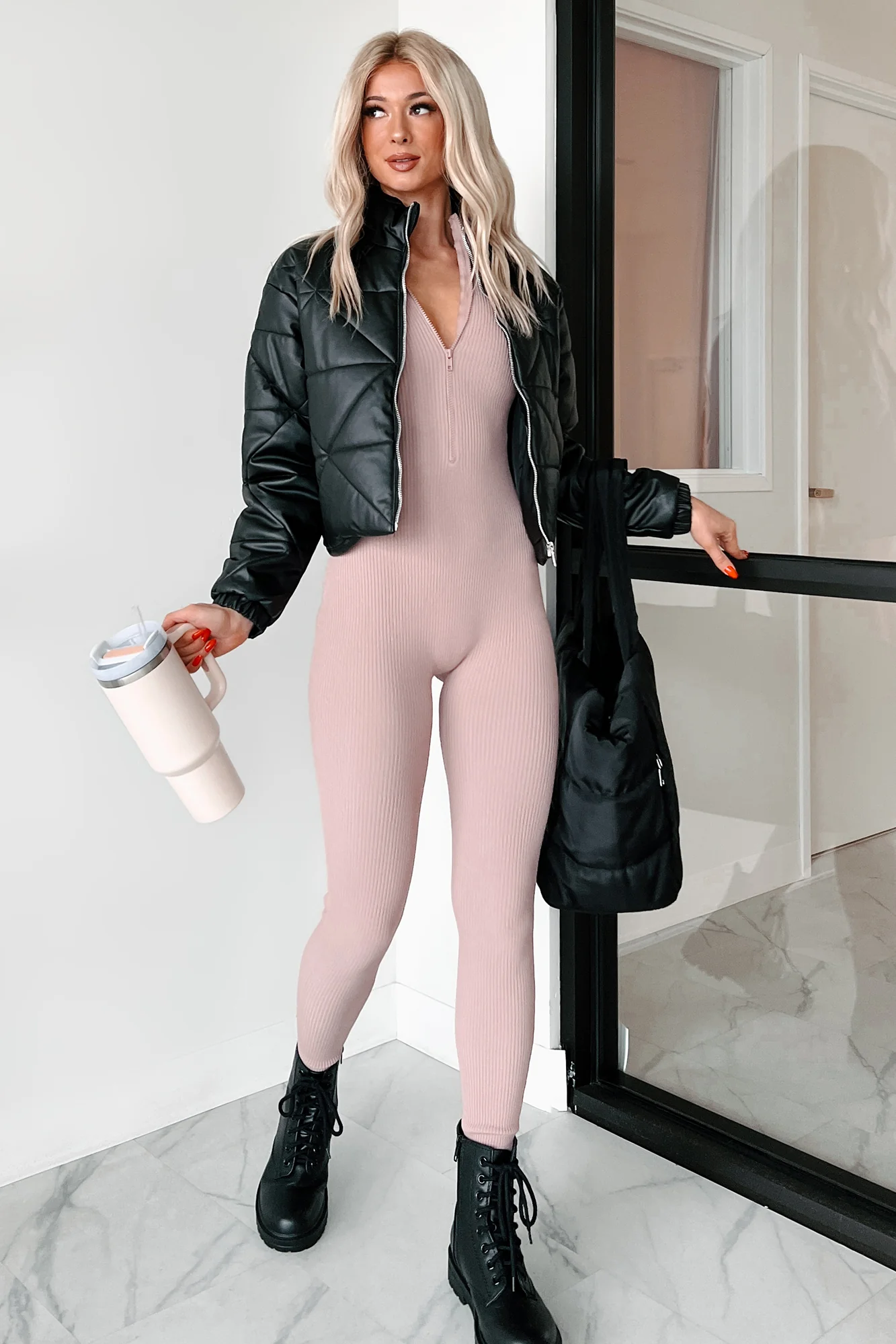 Luck Of The Draw Ribbed Half Zip Jumpsuit (Dusty Pink) - Image 5