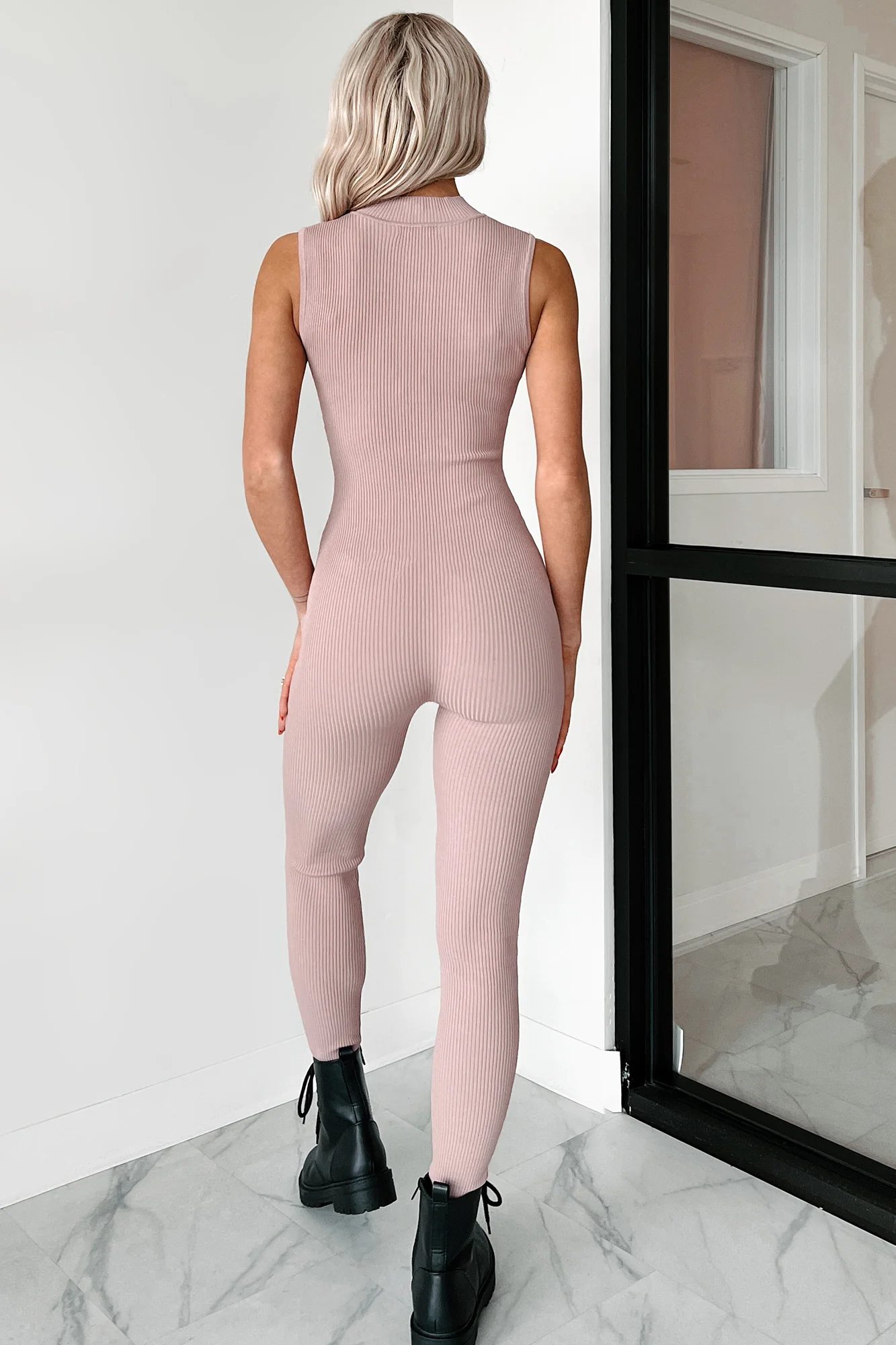 Luck Of The Draw Ribbed Half Zip Jumpsuit (Dusty Pink) - Image 6