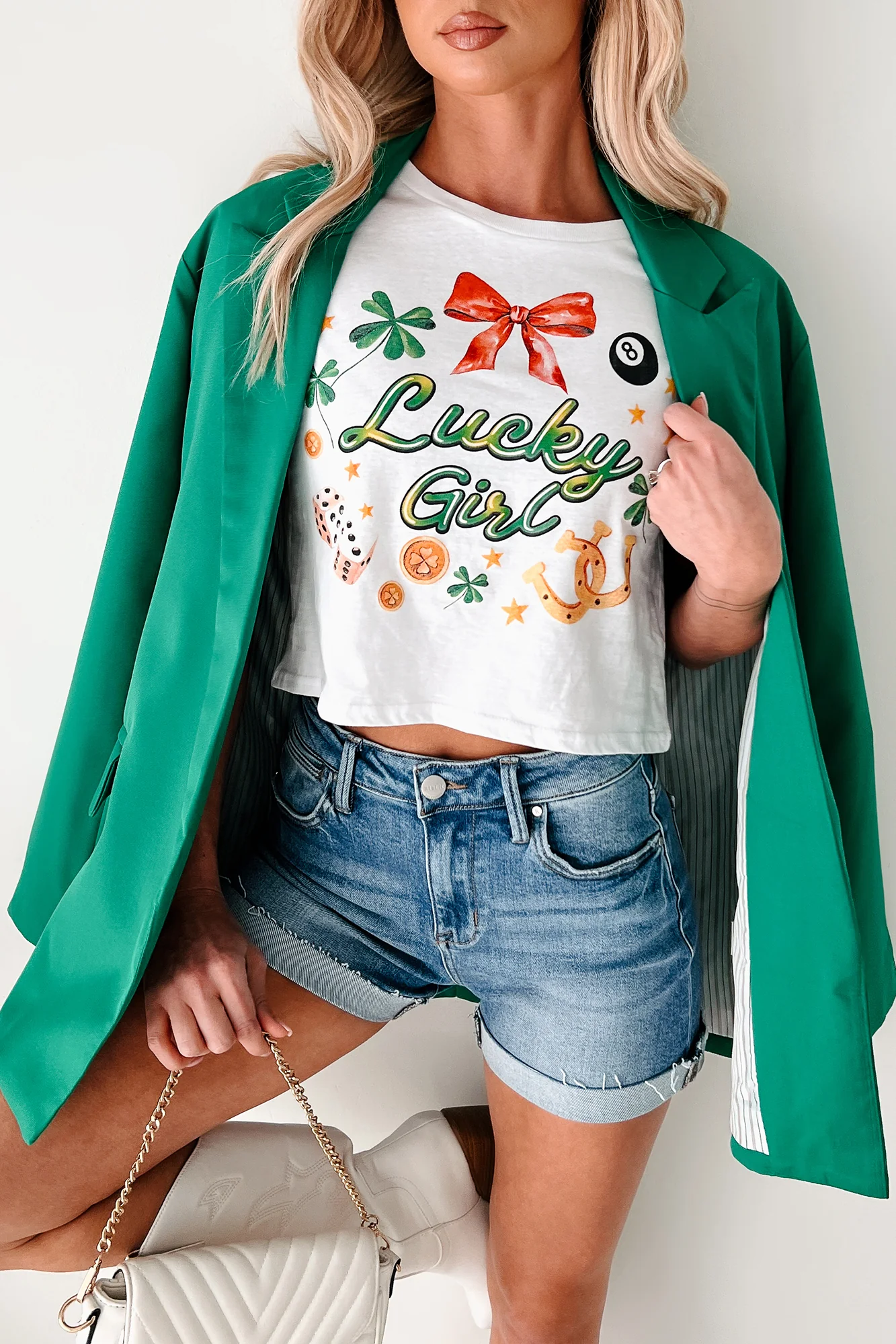 Lucky Girl Graphic Cropped T-Shirt (White) - Image 3