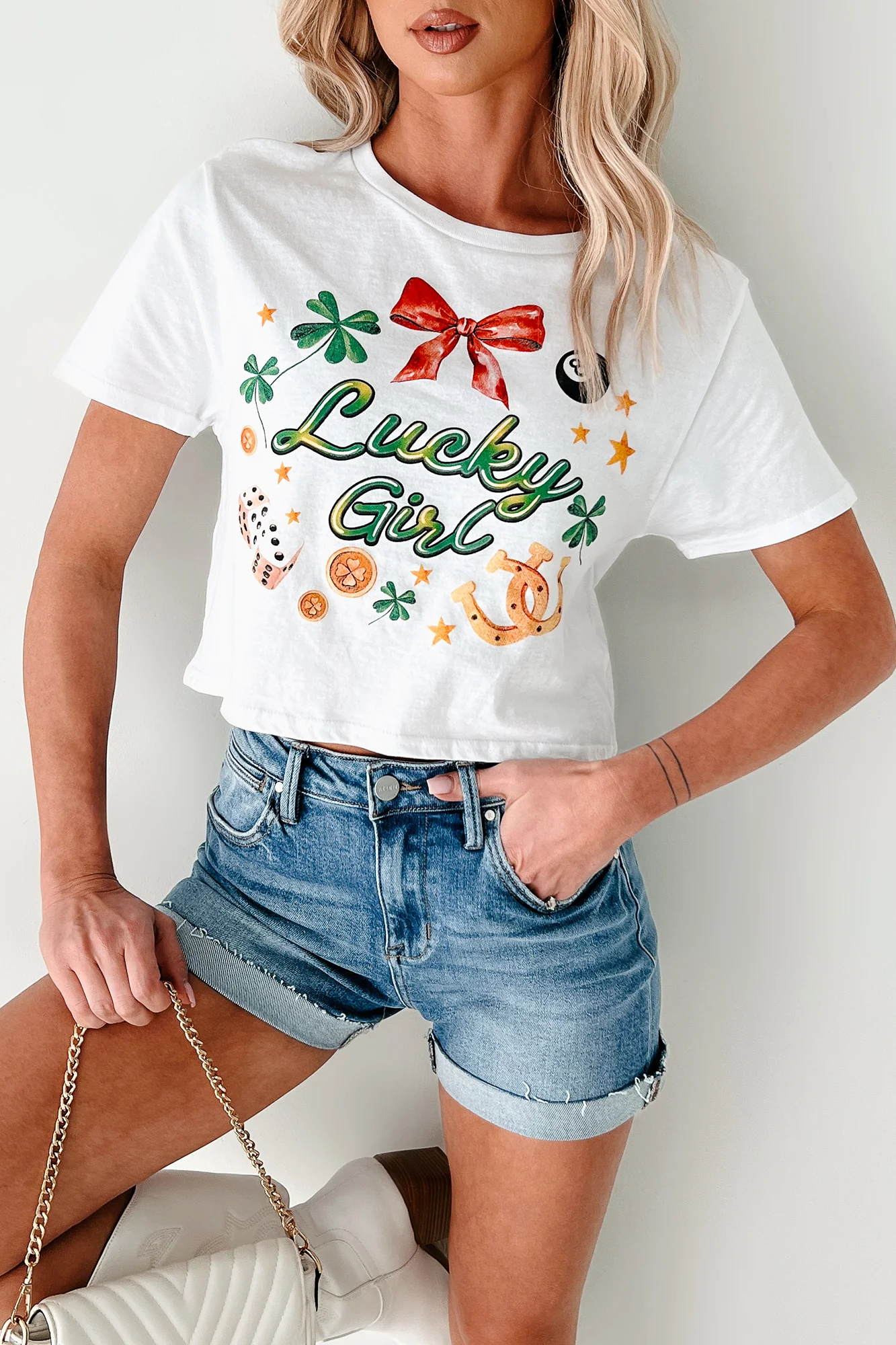 Lucky Girl Graphic Cropped T-Shirt (White) - Image 5