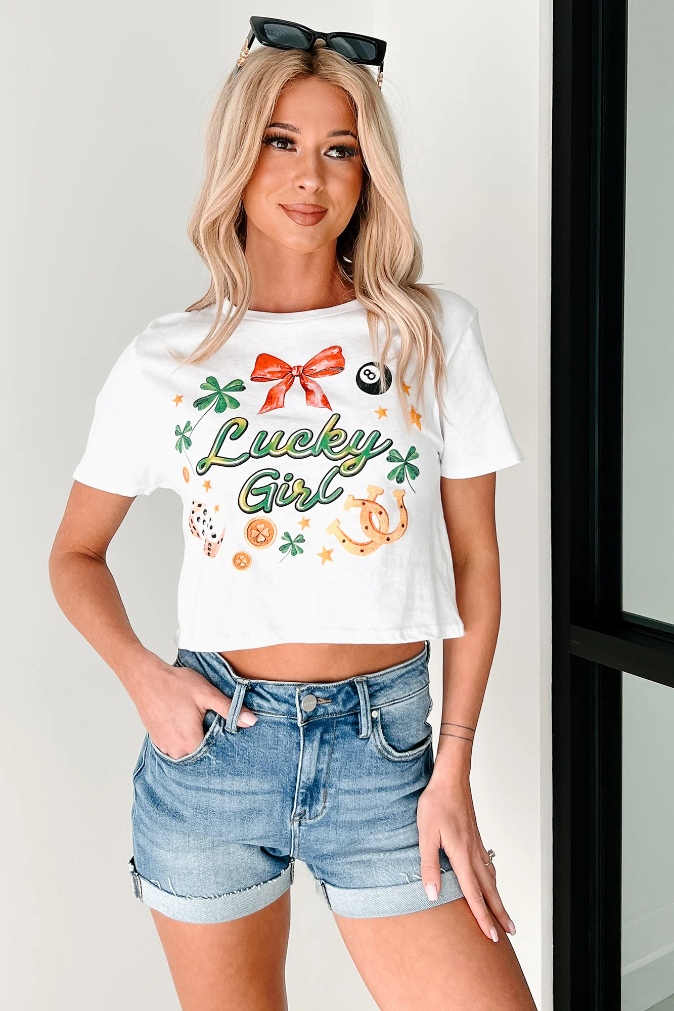 Lucky Girl Graphic Cropped T-Shirt (White) - Image 6
