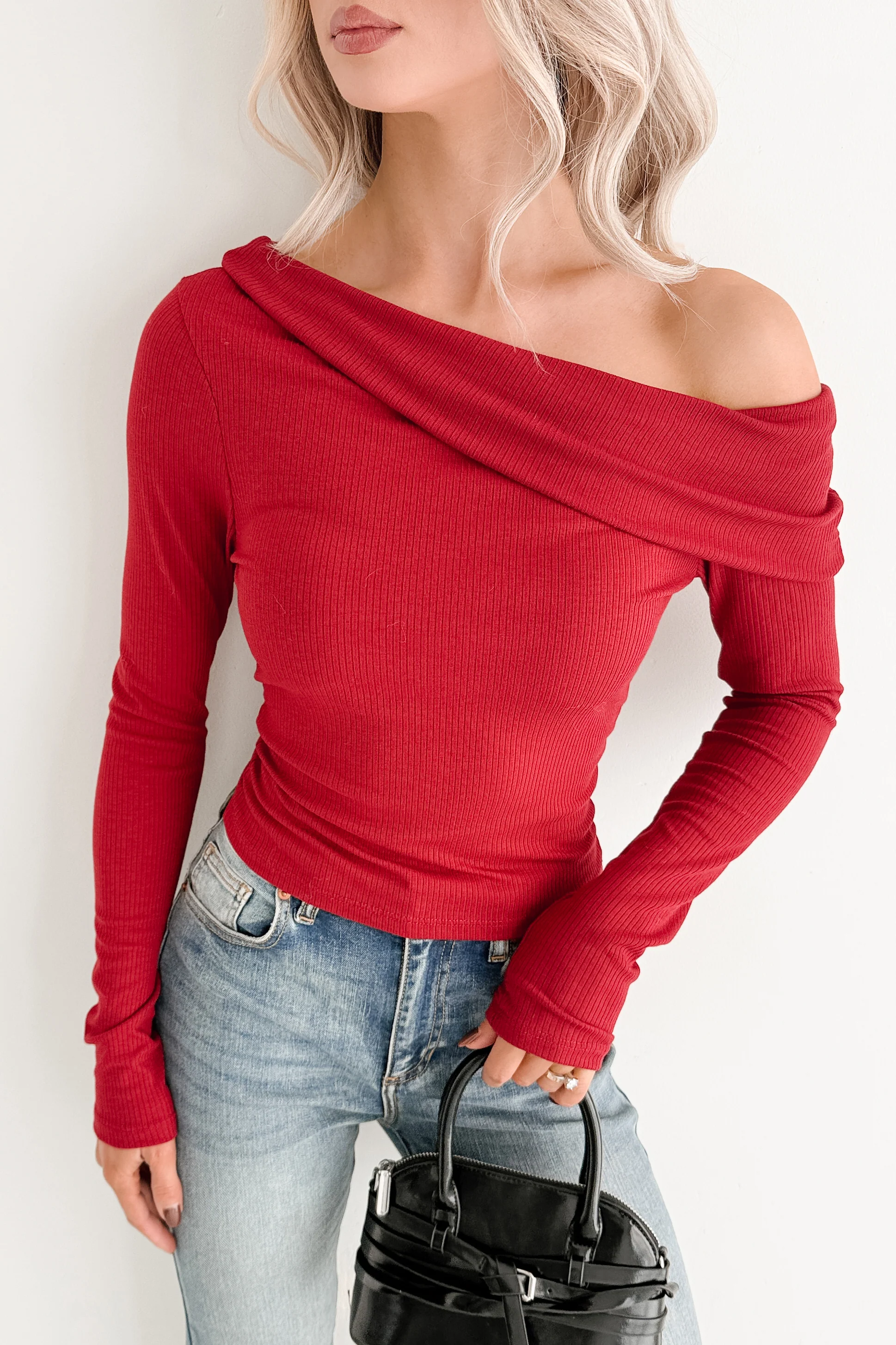 Luxe Basics One Shoulder Ribbed Top (Burgundy) - Image 2