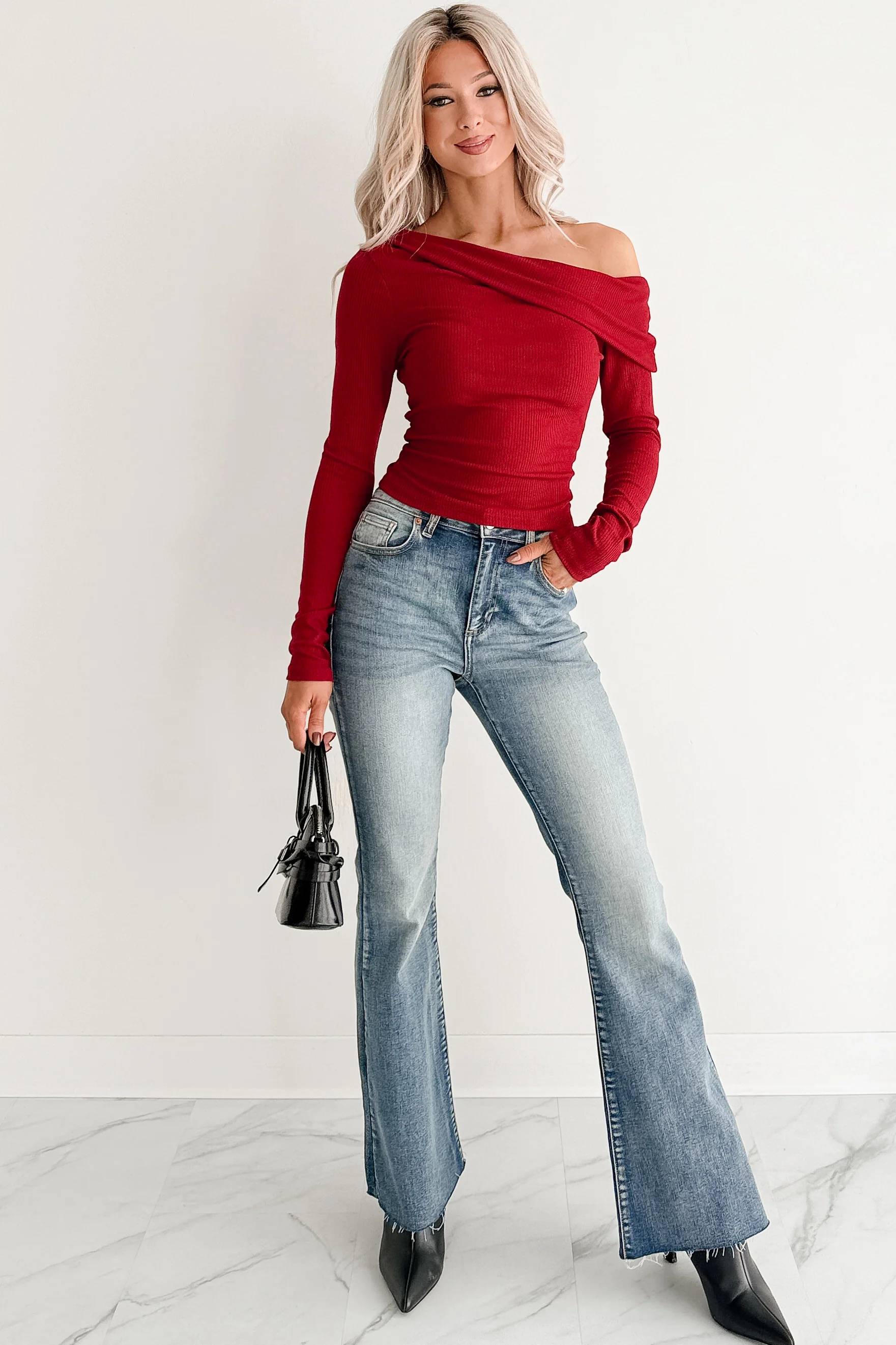 Luxe Basics One Shoulder Ribbed Top (Burgundy) - Image 3