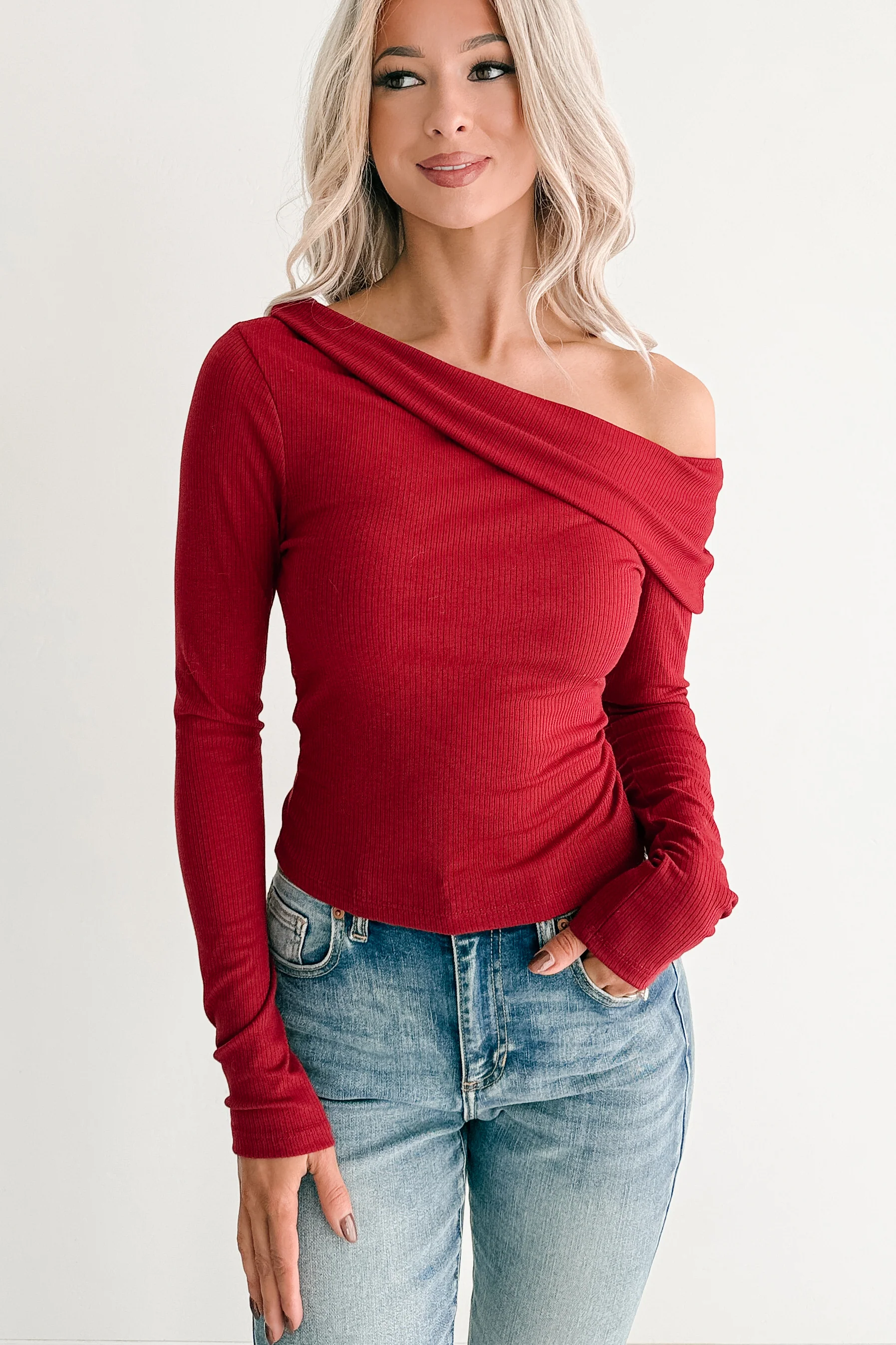 Luxe Basics One Shoulder Ribbed Top (Burgundy) - Image 5