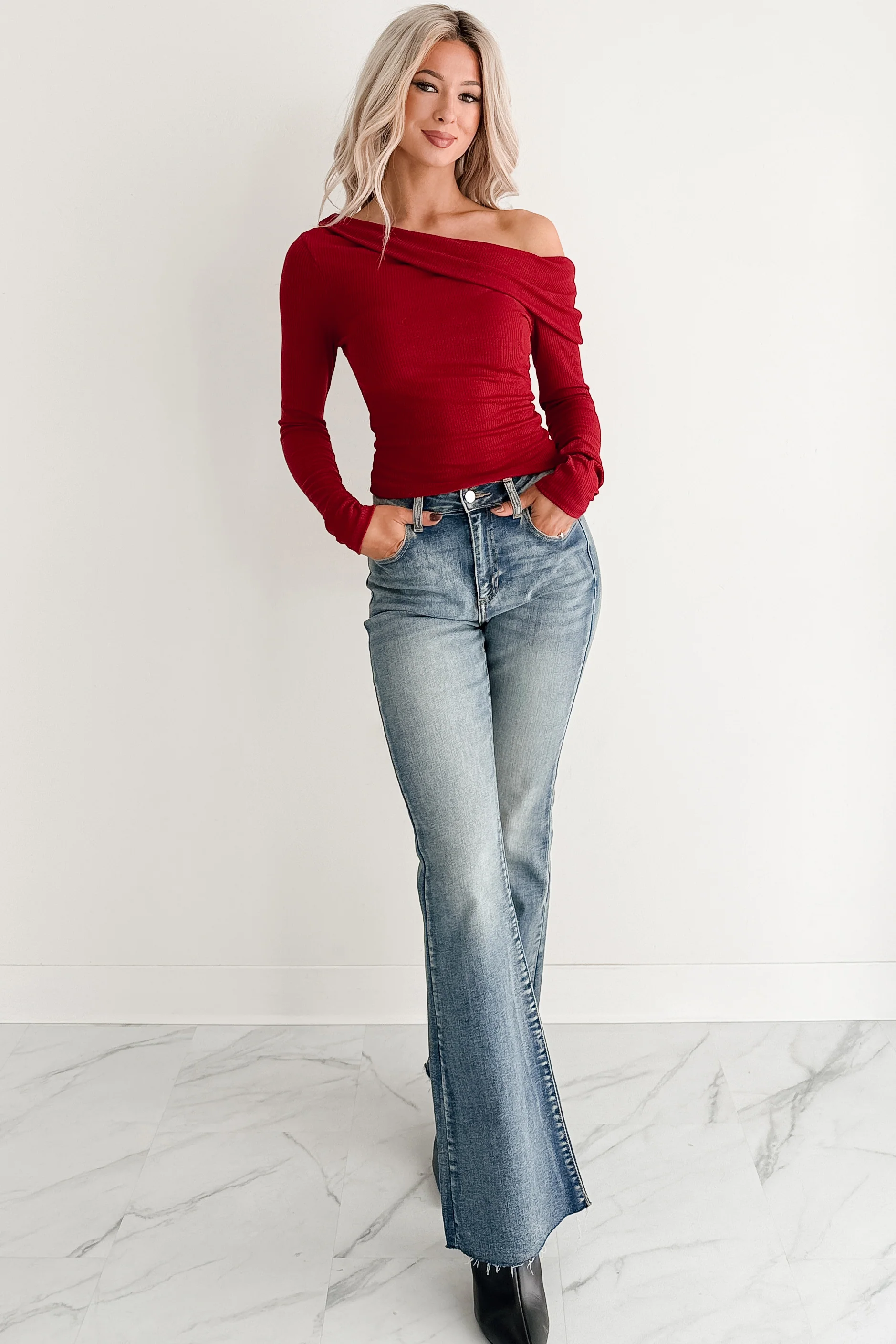 Luxe Basics One Shoulder Ribbed Top (Burgundy) - Image 6