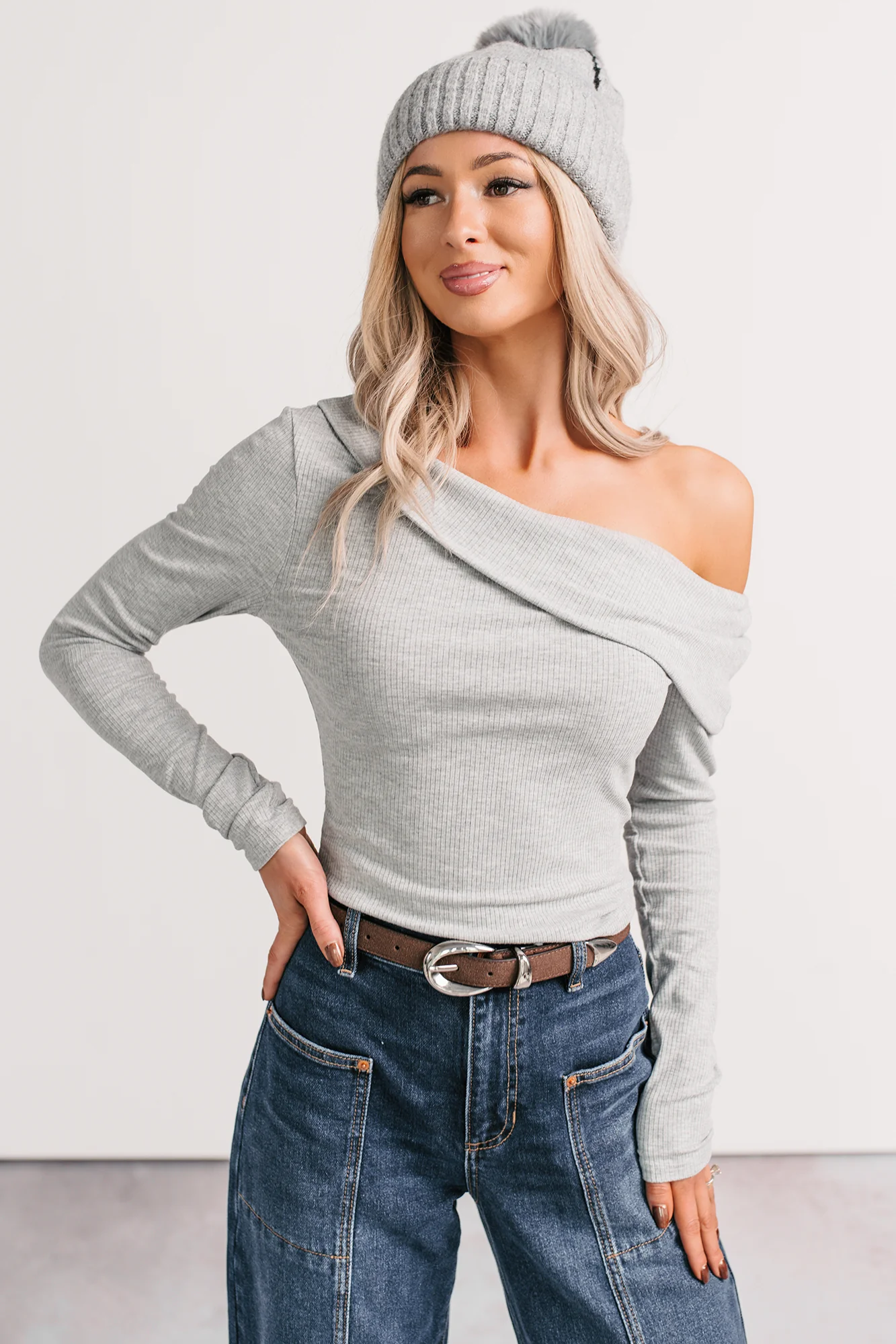 Luxe Basics One Shoulder Ribbed Top (Heather Grey) - Image 11