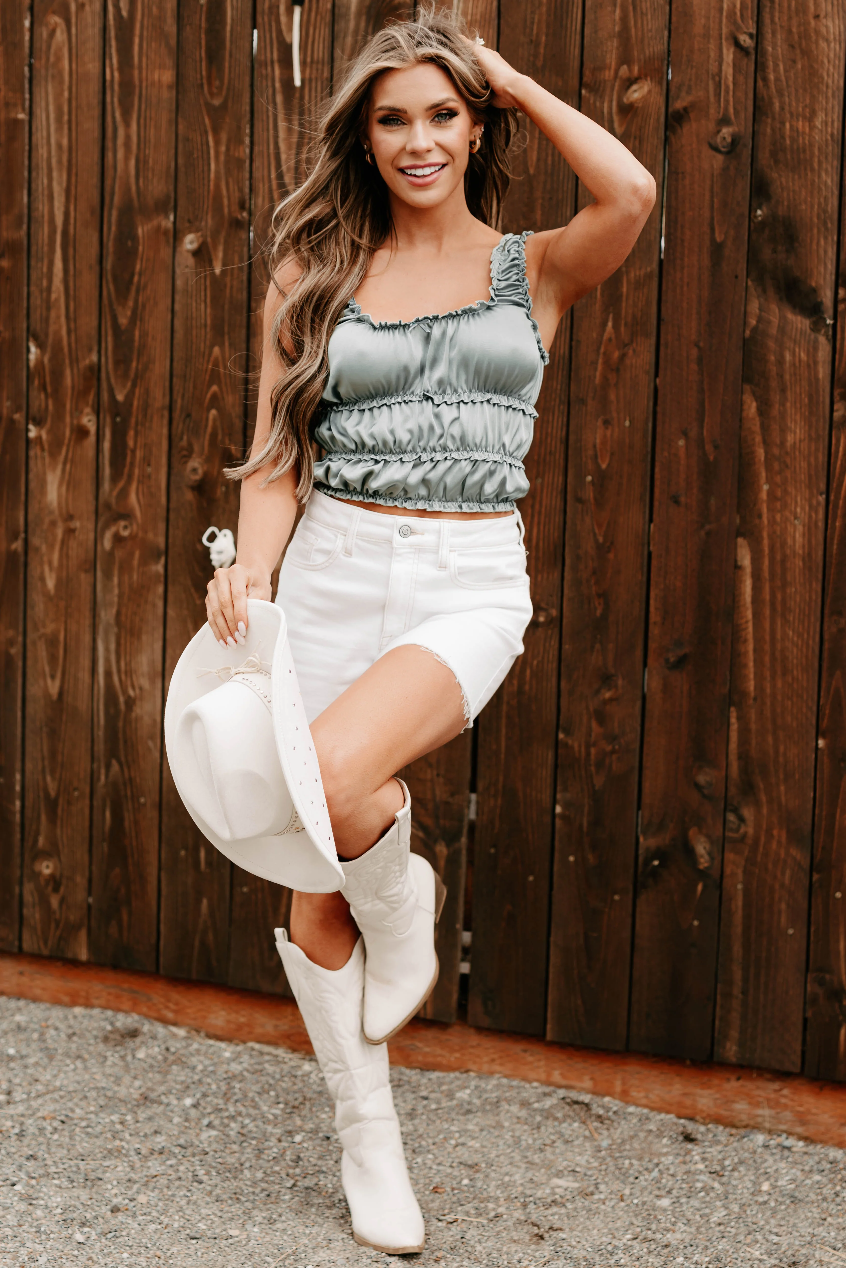 Luxe On Loop Ruched Satin Sleeveless Top (Sage Green) - Image 4