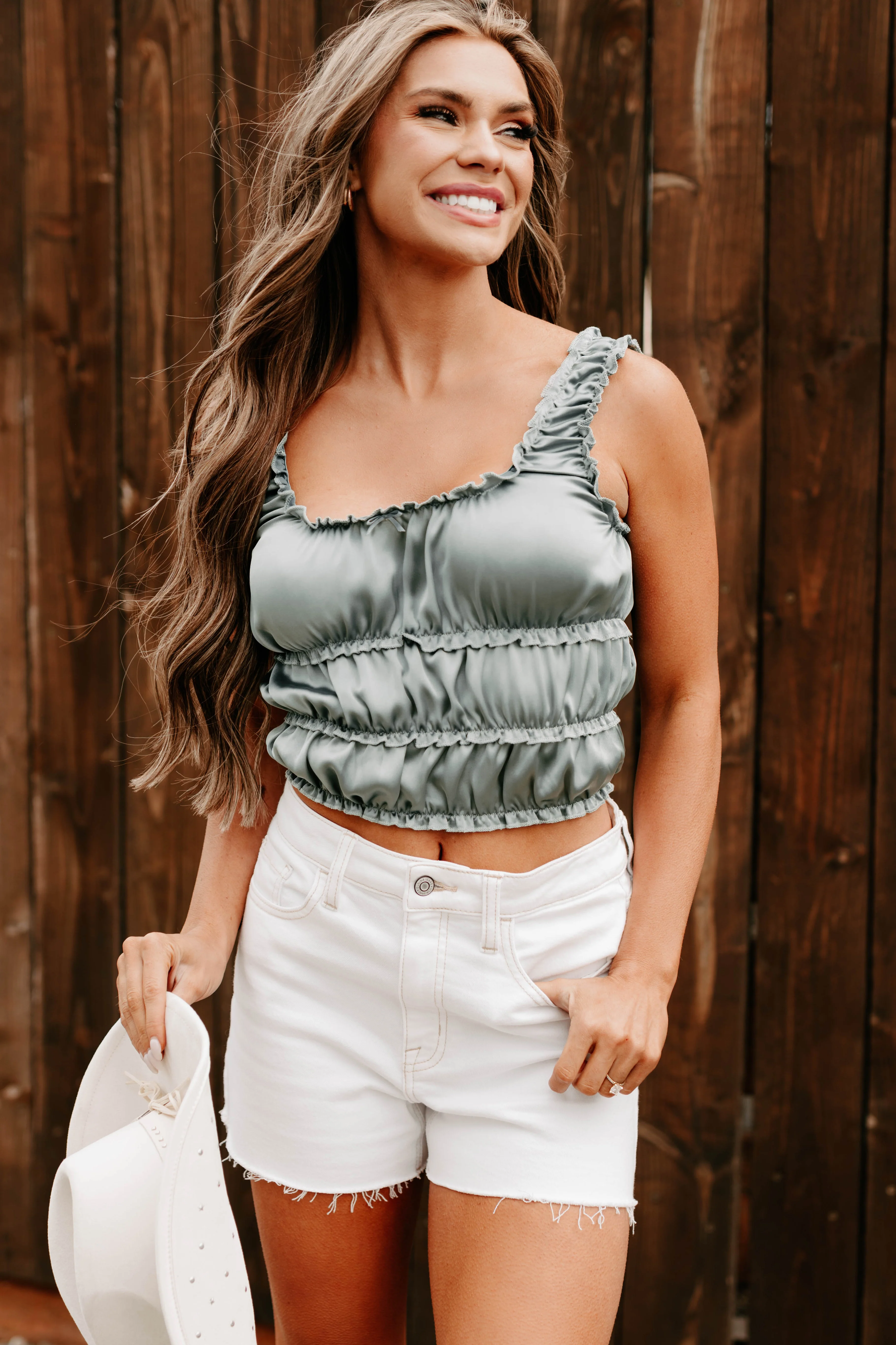 Luxe On Loop Ruched Satin Sleeveless Top (Sage Green) - Image 5