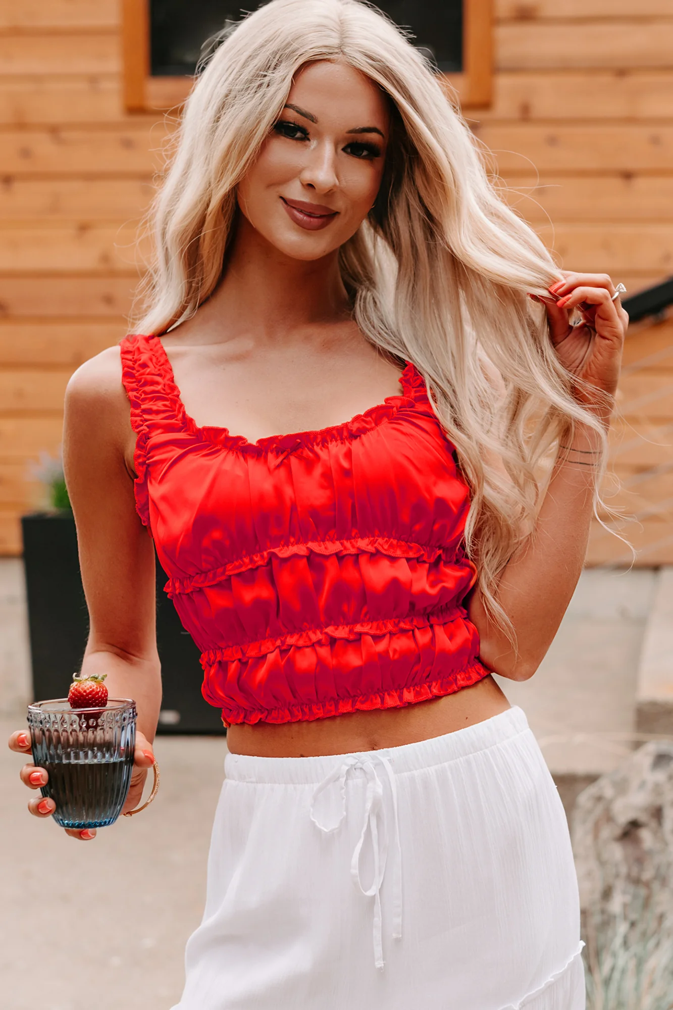 Luxe On Loop Ruched Satin Sleeveless Top (Tomato) - Image 6