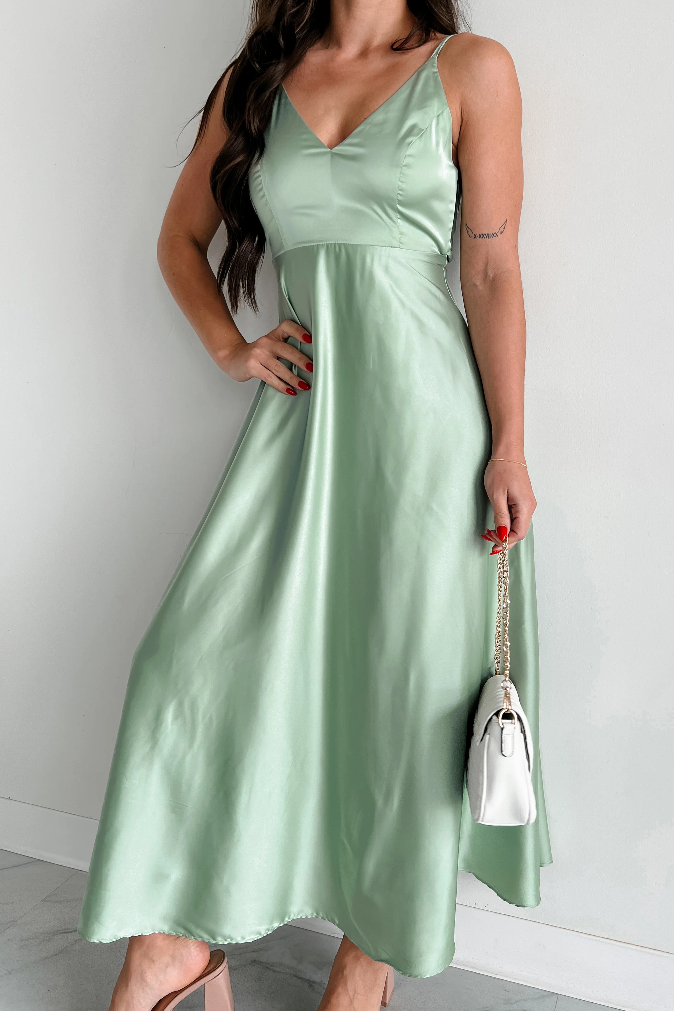 Luxurious Poise Satin Midi Dress (Pastel Sage) - Image 6