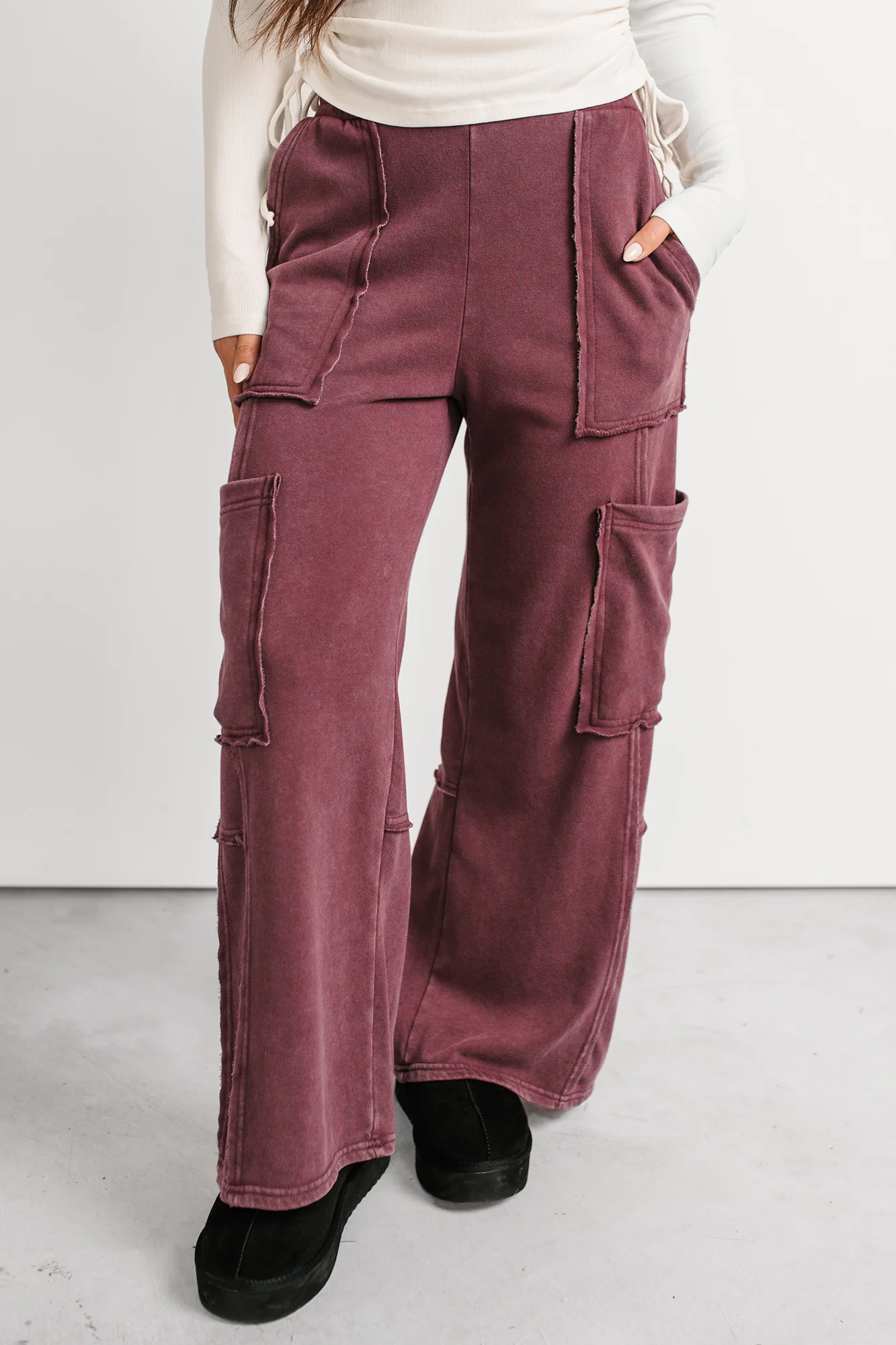 Made Ready Wide Leg Cargo Sweatpants (Dark Cherry) - Image 2