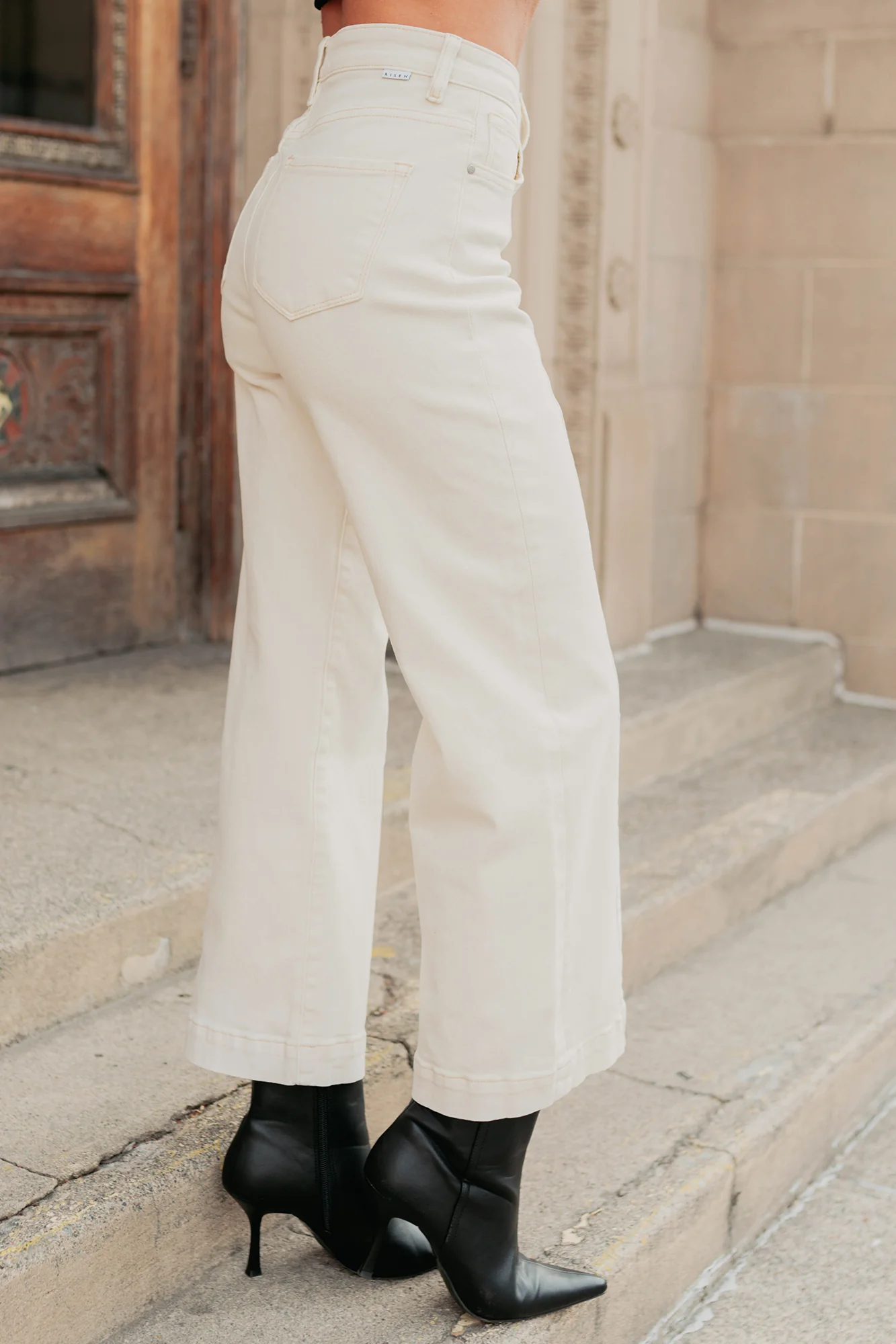 Maizie Tummy Control Wide Leg Cropped Risen Jeans (Ivory) - Image 3