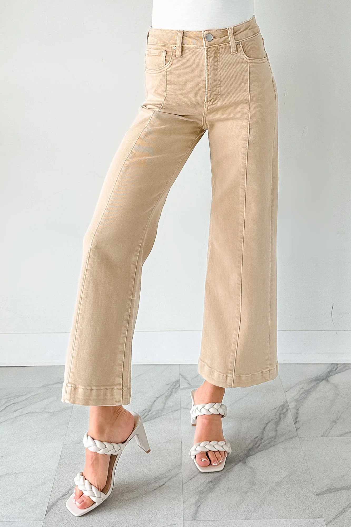 Maizie Tummy Control Wide Leg Cropped Risen Jeans (Latte) - Image 2