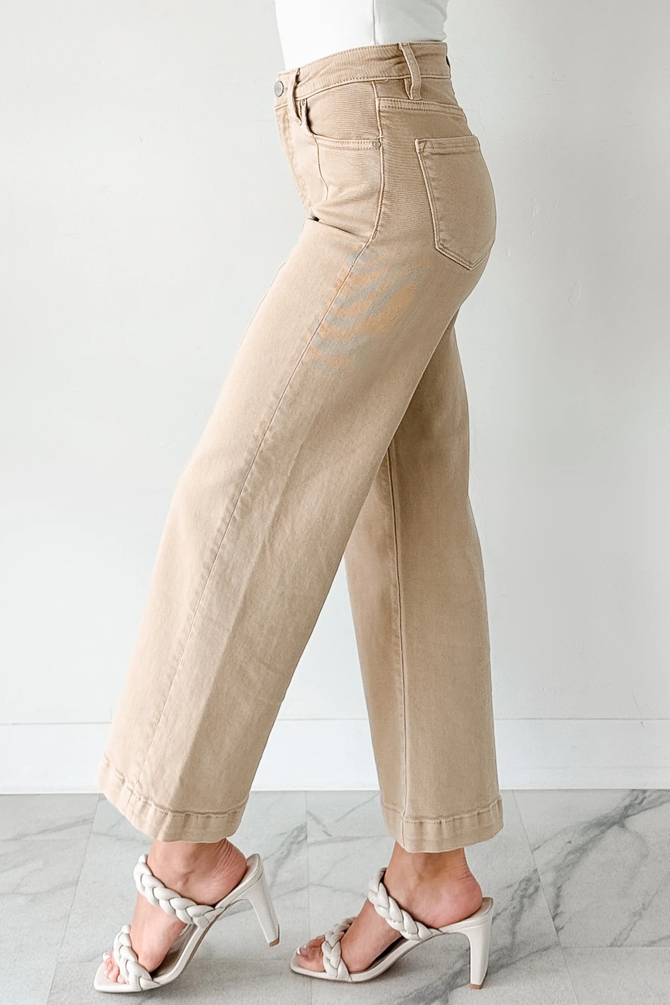Maizie Tummy Control Wide Leg Cropped Risen Jeans (Latte) - Image 3