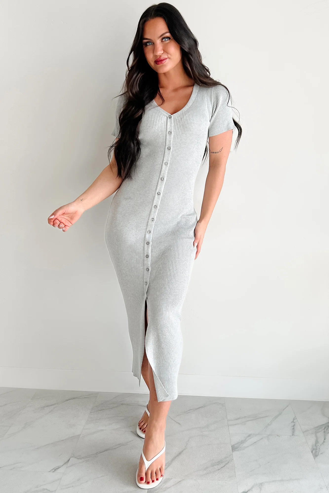 Make It Look Easy Button Front Maxi Dress (Grey) - Image 4