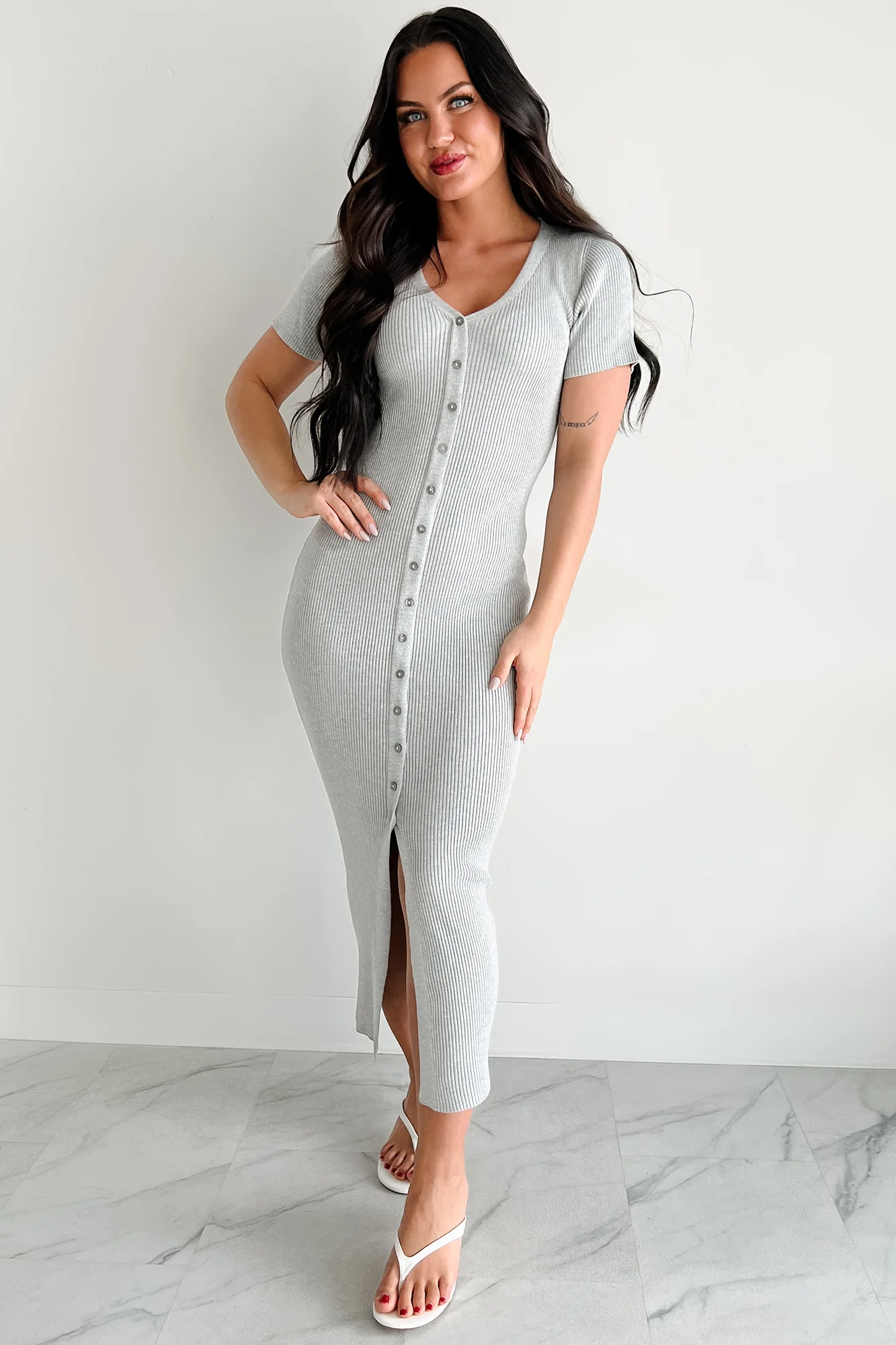 Make It Look Easy Button Front Maxi Dress (Grey) - Image 6
