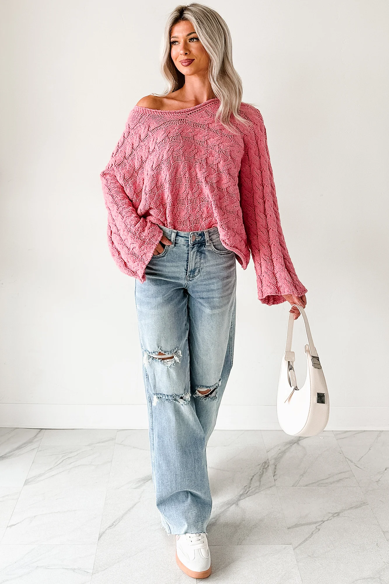 Making My Way Cable Knit POL Sweater (Pink) - Image 10